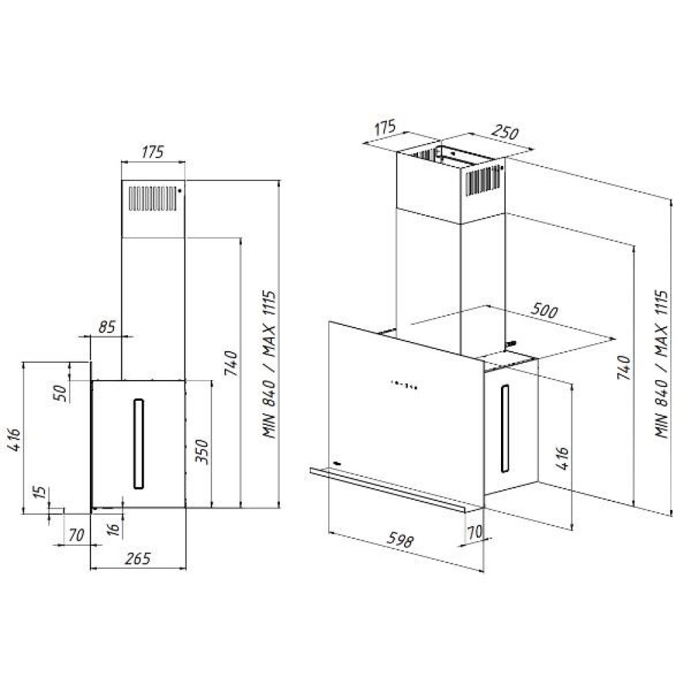 Schemat okapu kuchennego z wymiarami w milimetrach. Zawiera wymiary wysokości, szerokości i różnych komponentów.