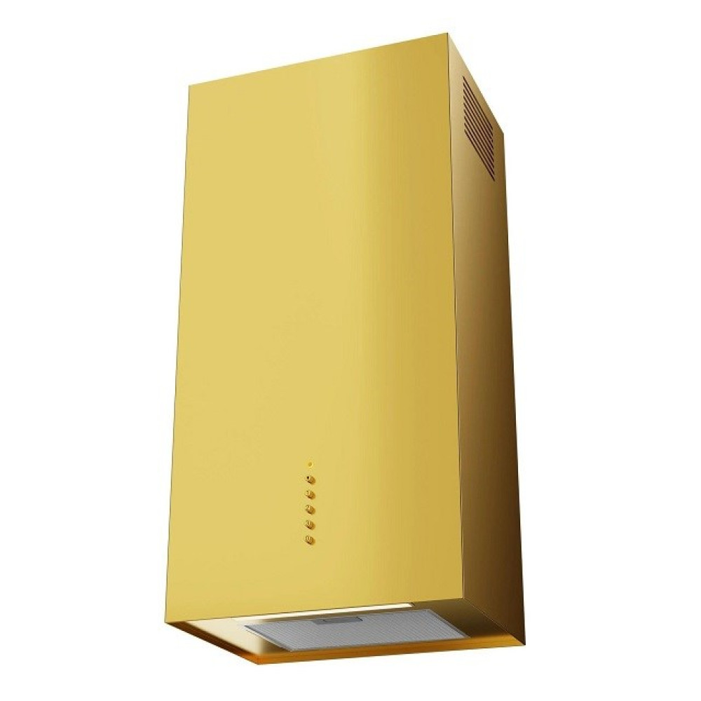 Złoty okap kuchenny na białym tle. Ma prostokątny kształt z wbudowanym oświetleniem i przyciskami sterowania.