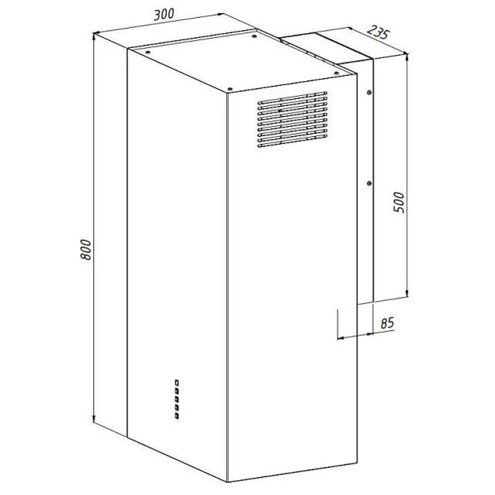 Widok izometryczny prostokątnego okapu kuchennego z wymiarami. Góra: 300 mm. Wysokość: 800 mm. Bok: 235 mm x 500 mm x 85 mm. Posiada otwory wentylacyjne i przyciski.