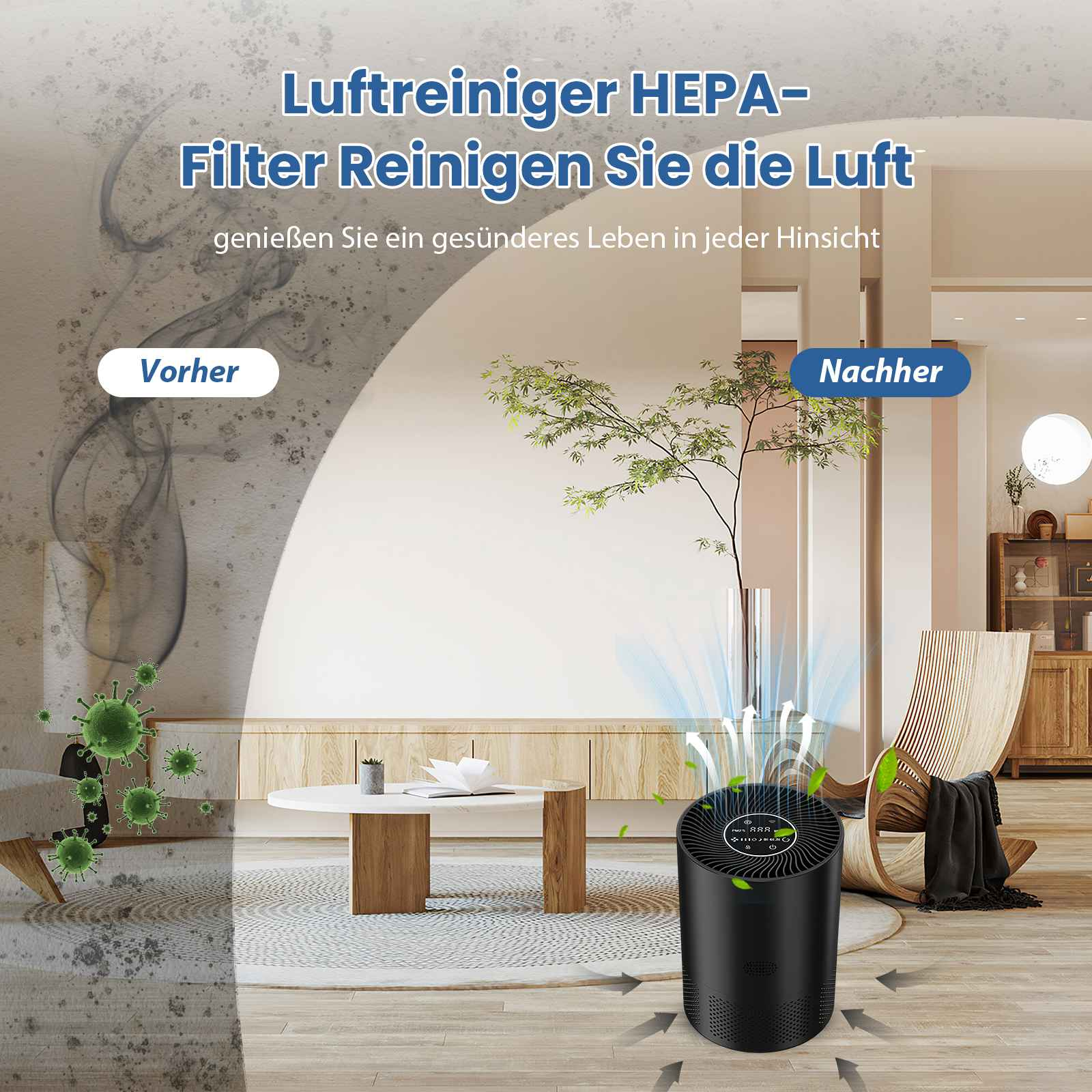 Das Bild zeigt Vorher- und Nachher-Luftreinigung. Schwarzer Luftreiniger in einem Raum mit Baum und Holzstuhl.