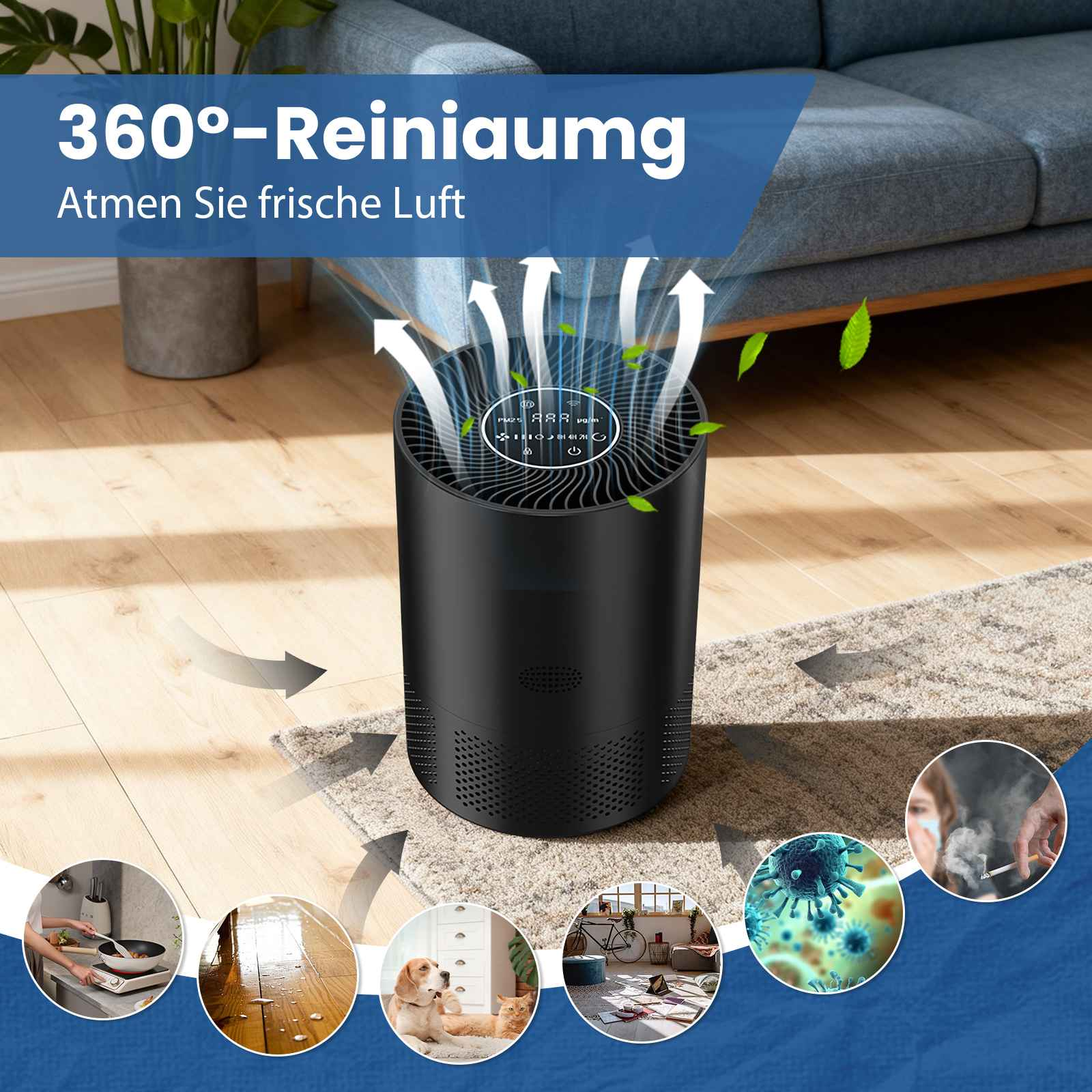 Ein schwarzer Luftreiniger mit Pfeilen, die den Luftstrom zeigen. Icons zeigen verschiedene Schadstoffe. Im Hintergrund ist ein Sofa.