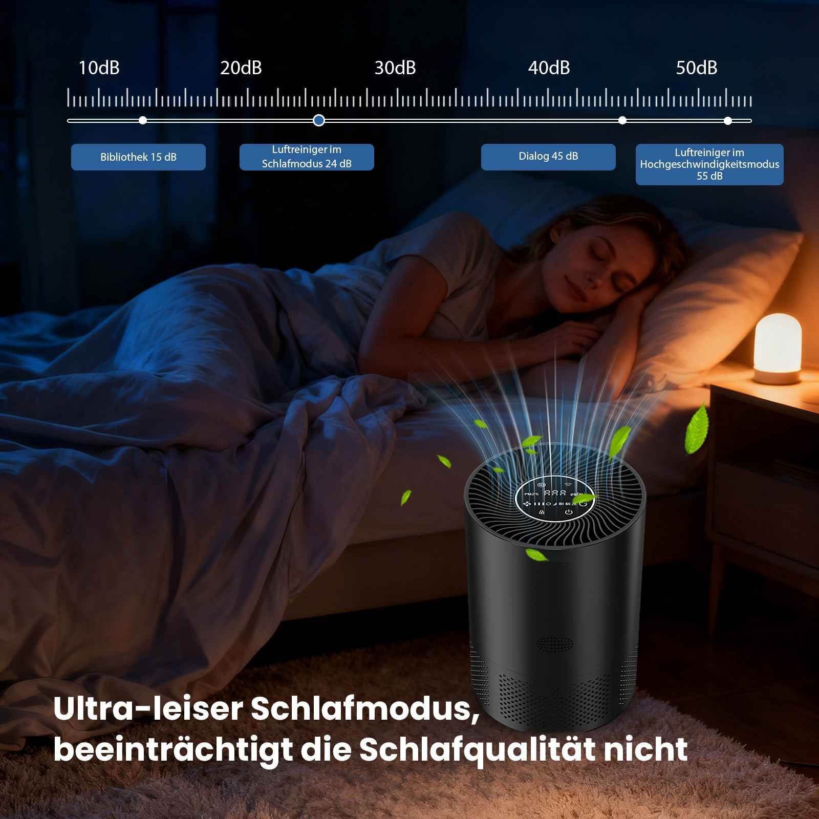 Eine Frau schläft im Bett neben einem Luftreiniger. Die Szene umfasst eine Dezibel-Skala und Text.