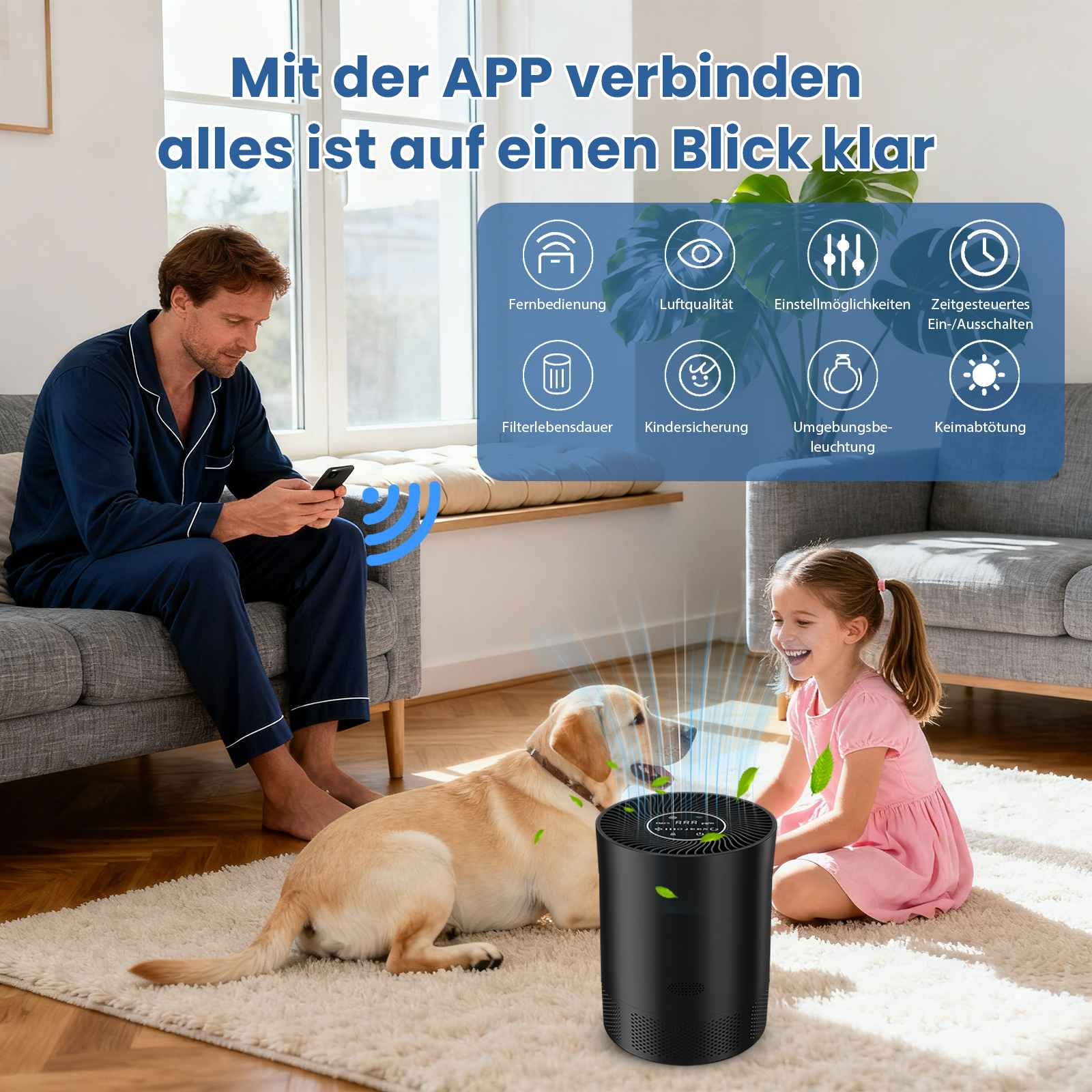 Mann mit Telefon, Hund, Mädchen und Luftreiniger in einem Raum. Symbole zeigen Fernbedienung, Luftqualität, Einstellungen und mehr.