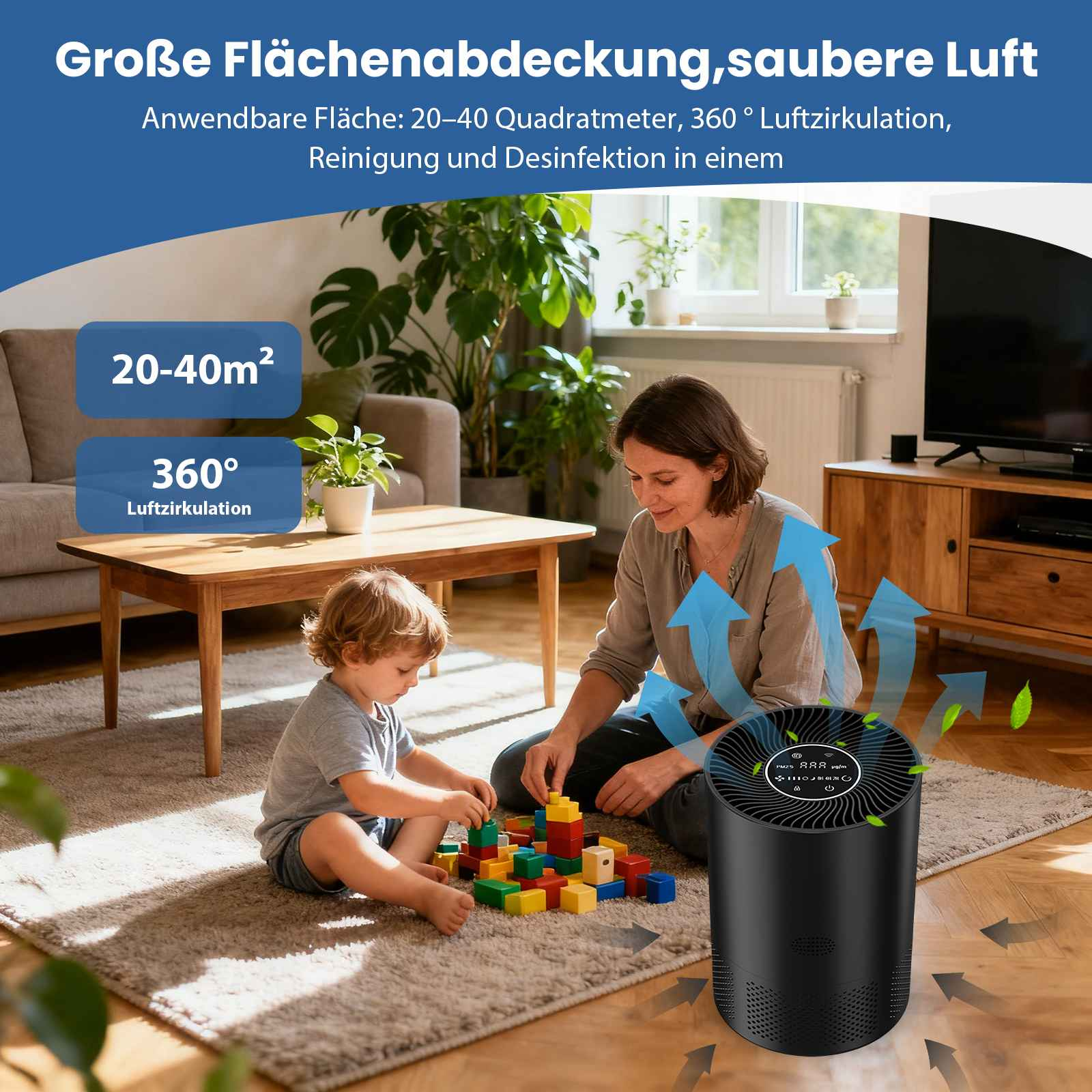 Eine Frau und ein Kind spielen auf einem Teppich in der Nähe eines Luftreinigers. Text: 20-40m² Abdeckung und 360° Luftzirkulation.