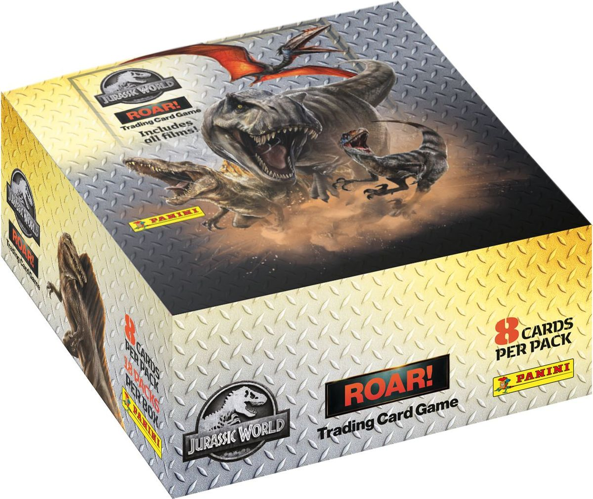 Schachtel mit Jurassic World Sammelkarten. Zeigt Dinosaurier, "ROAR!" Titel und "8 Karten pro Packung". Enthält Logos von Panini und Jurassic World.