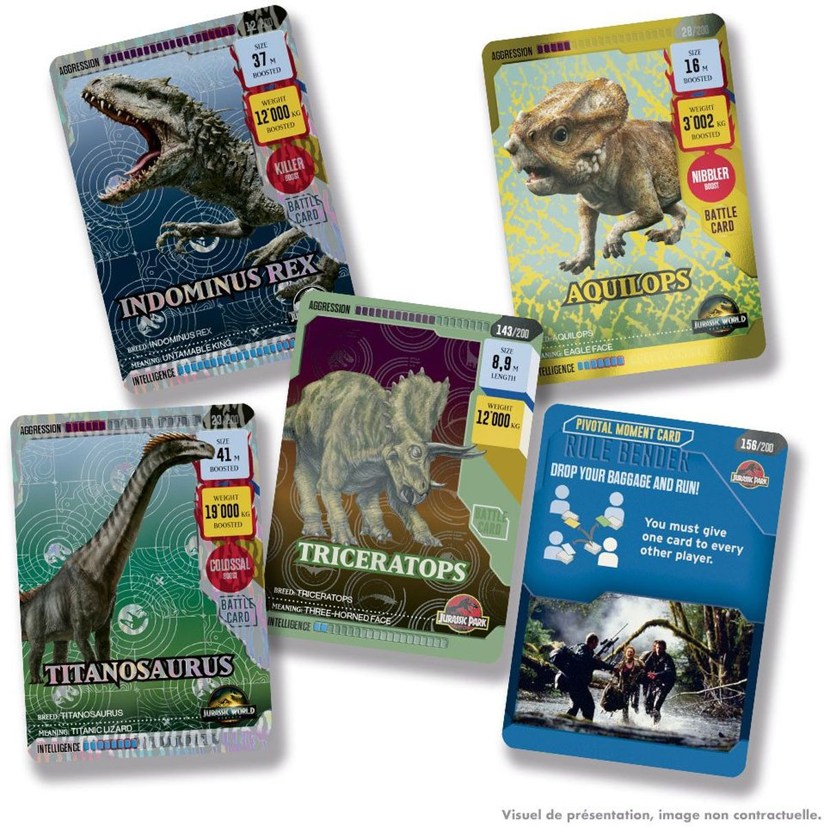 Fünf Jurassic World-Karten mit Dinosauriern und eine Pivotal Moment-Karte. Indominus Rex, Aquilops und andere sind sichtbar.