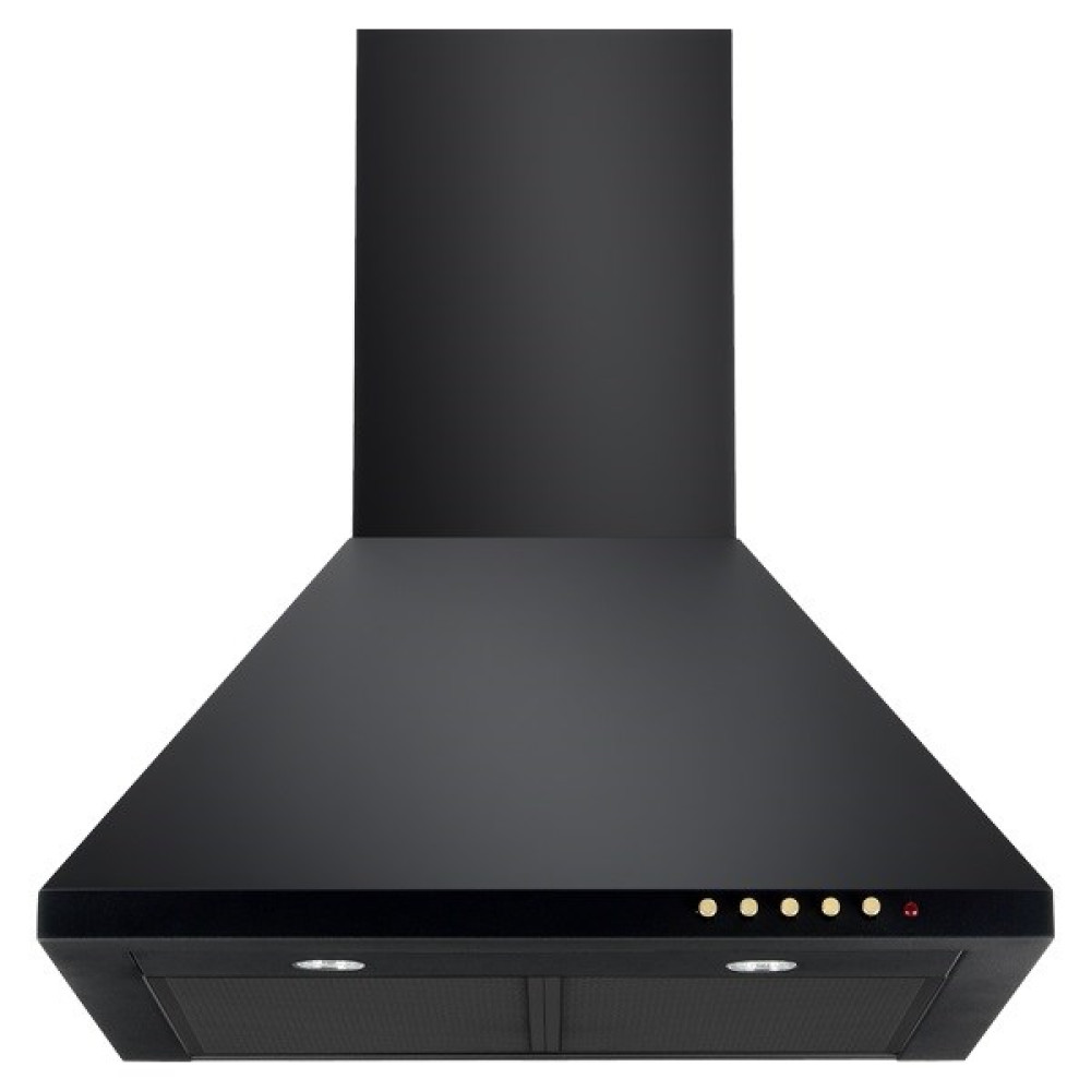 Czarny okap kuchenny. Ma pochyloną przednią część z światłami i przyciskami sterowania. Tło jest białe.