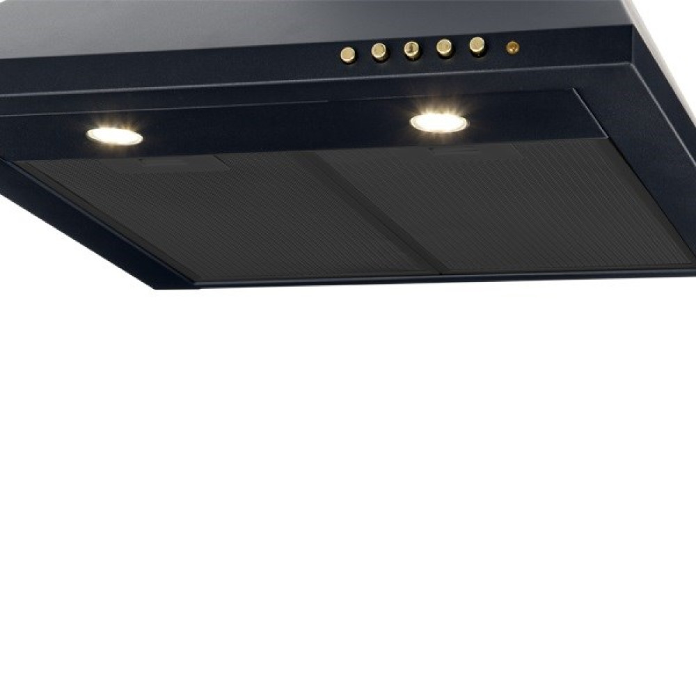 Czarny okap kuchenny z dwoma światłami i przyciskami sterowania, na białym tle.