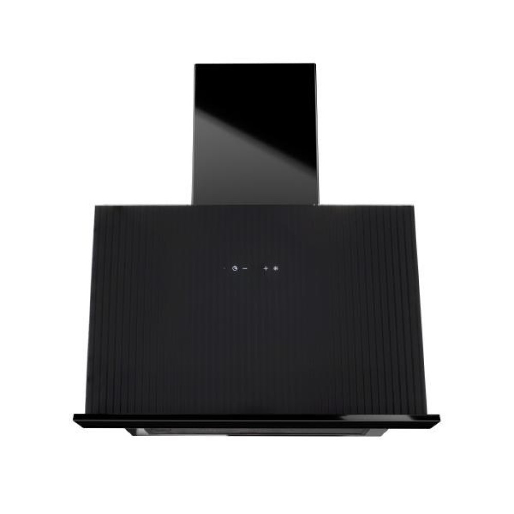 Nowoczesny czarny okap o prostokątnym kształcie. Posiada pionowo żebrowany przód z przyciskami sterującymi i błyszczącą górną sekcją.