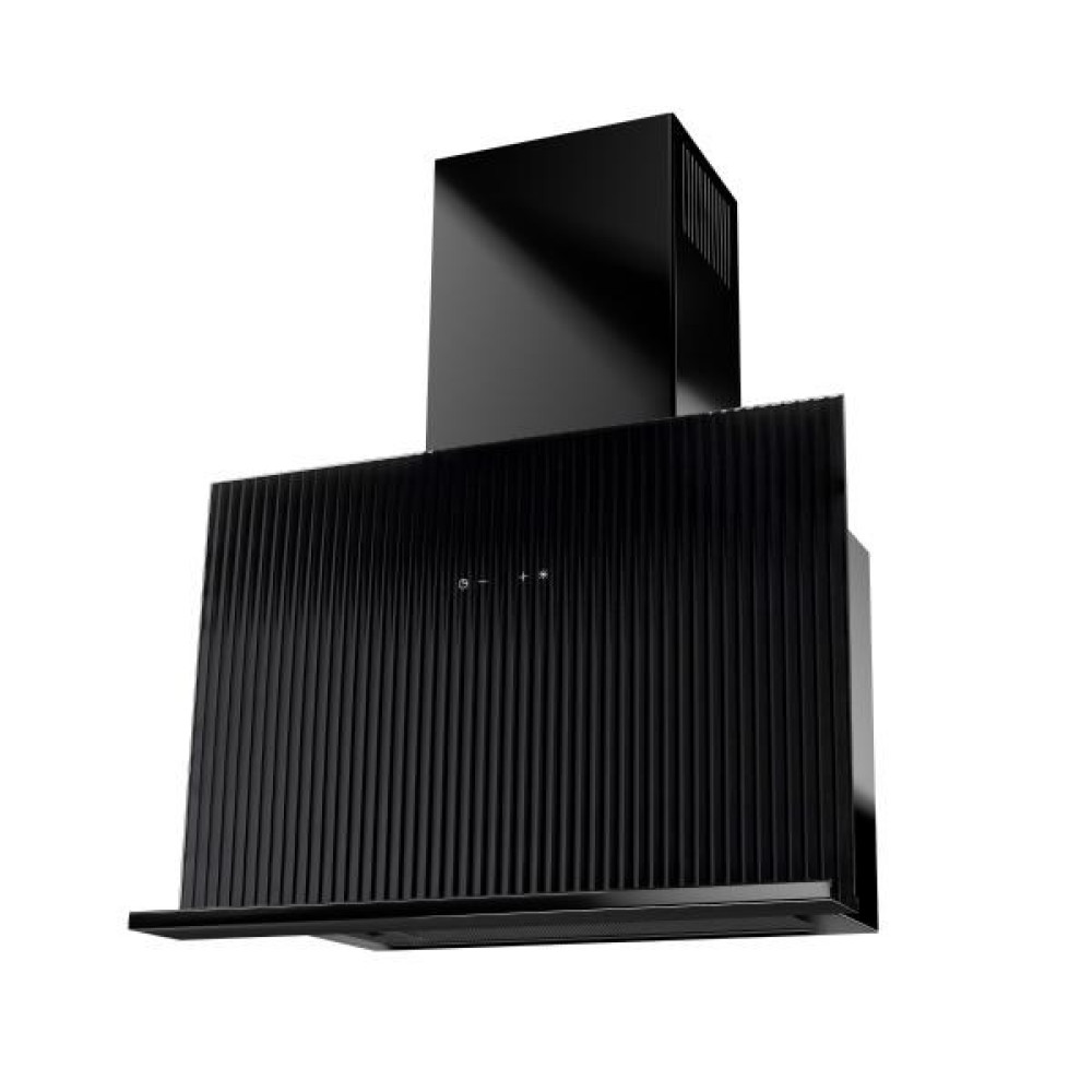 Nowoczesny, czarny okap kuchenny z pionowym żebrowaniem. Posiada prostokątną górną część i elementy sterujące z przodu.
