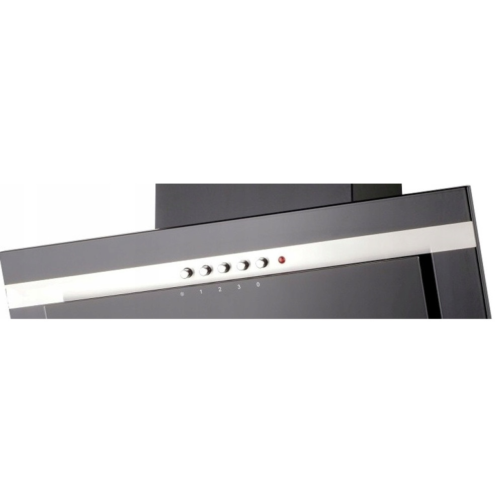 Zbliżenie czarnego i srebrnego okapu. Ma kilka przycisków sterowania i czerwone światło. Widoczne są numery 0-3.