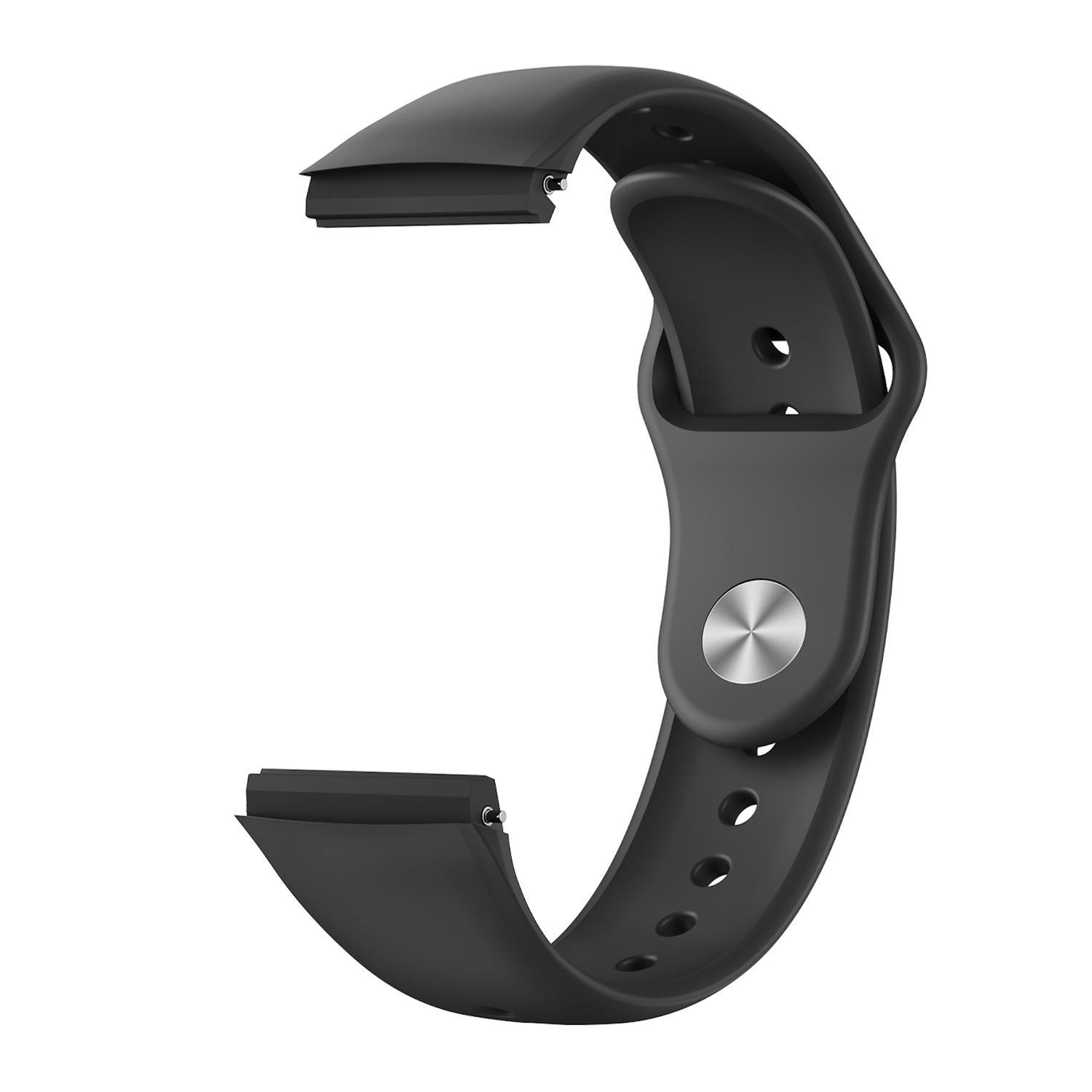 Ein gebogenes schwarzes Uhrenarmband mit einer silbernen Metallschnalle. Der Riemen befindet sich auf weißem Hintergrund.