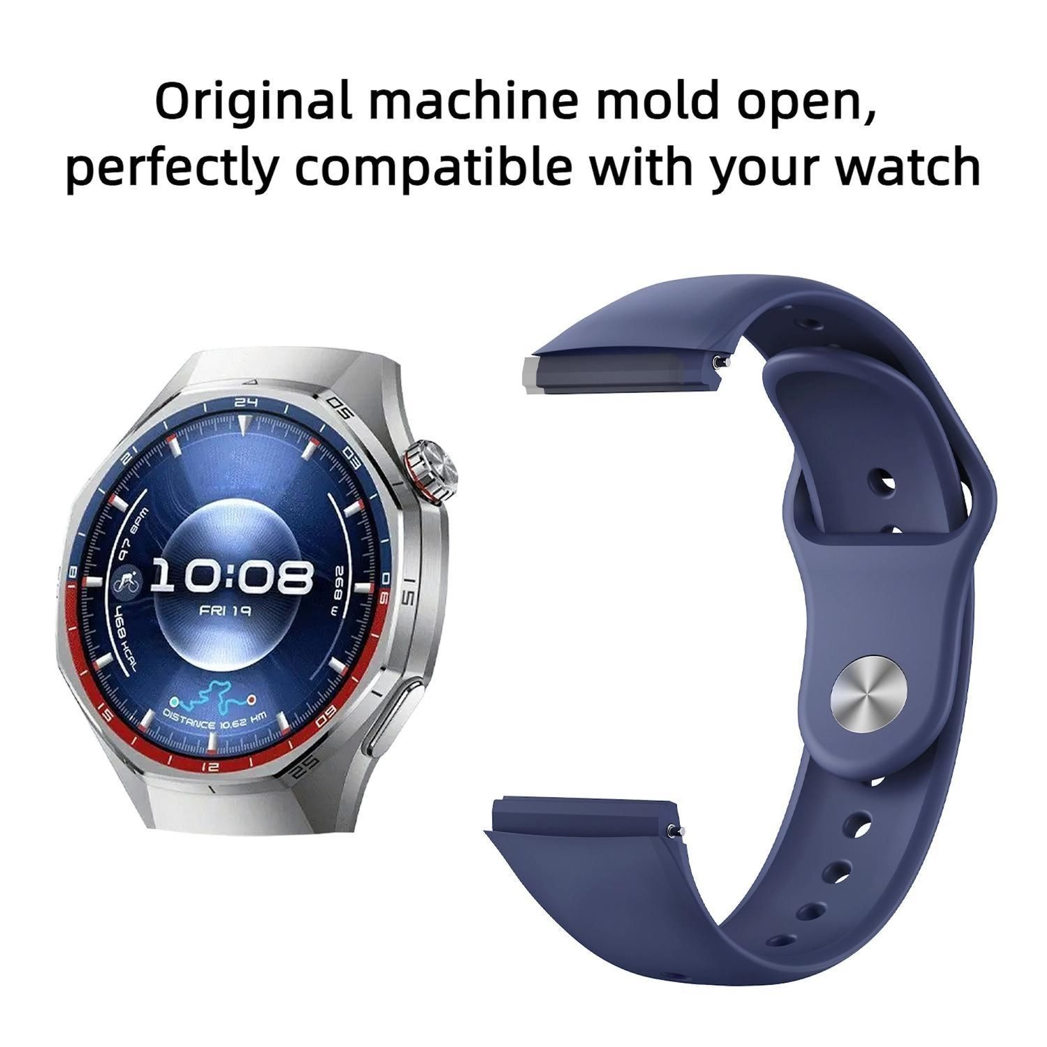 Eine Smartwatch mit blauem Armband wird neben dem Zifferblatt angezeigt. Die Uhrzeit ist 10:08 Uhr. Der Text oben lautet 'Original Maschinenform offen'.