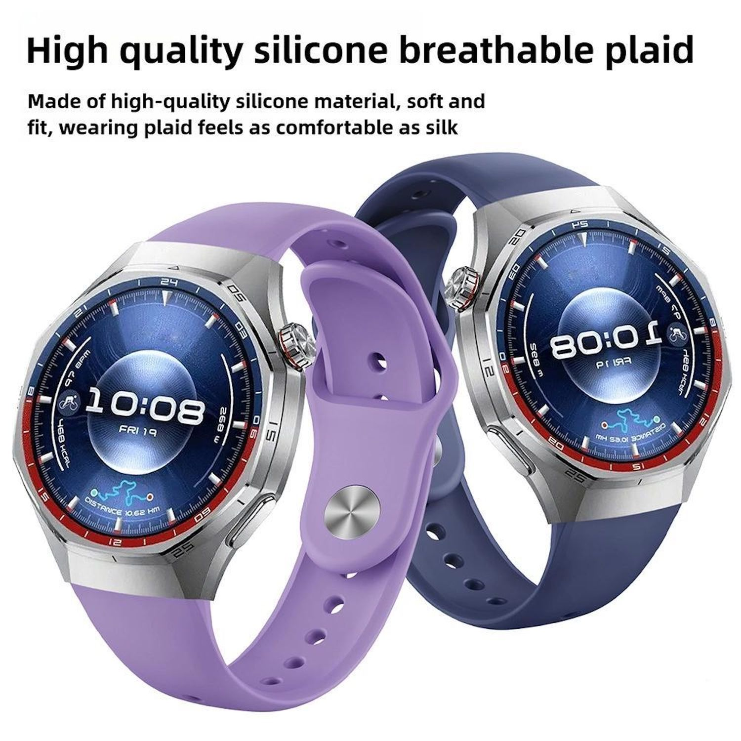 Zwei Smartwatches, eine lila, eine blaue, die Zeit und Fitnessdaten anzeigen. Beide haben silberne Lünetten und Silikonarmbänder.