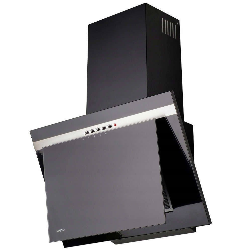 Nowoczesny czarny okap z szklanym frontem i przyciskami sterowania. Posiada wykończenie ze stali nierdzewnej i jest na białym tle.