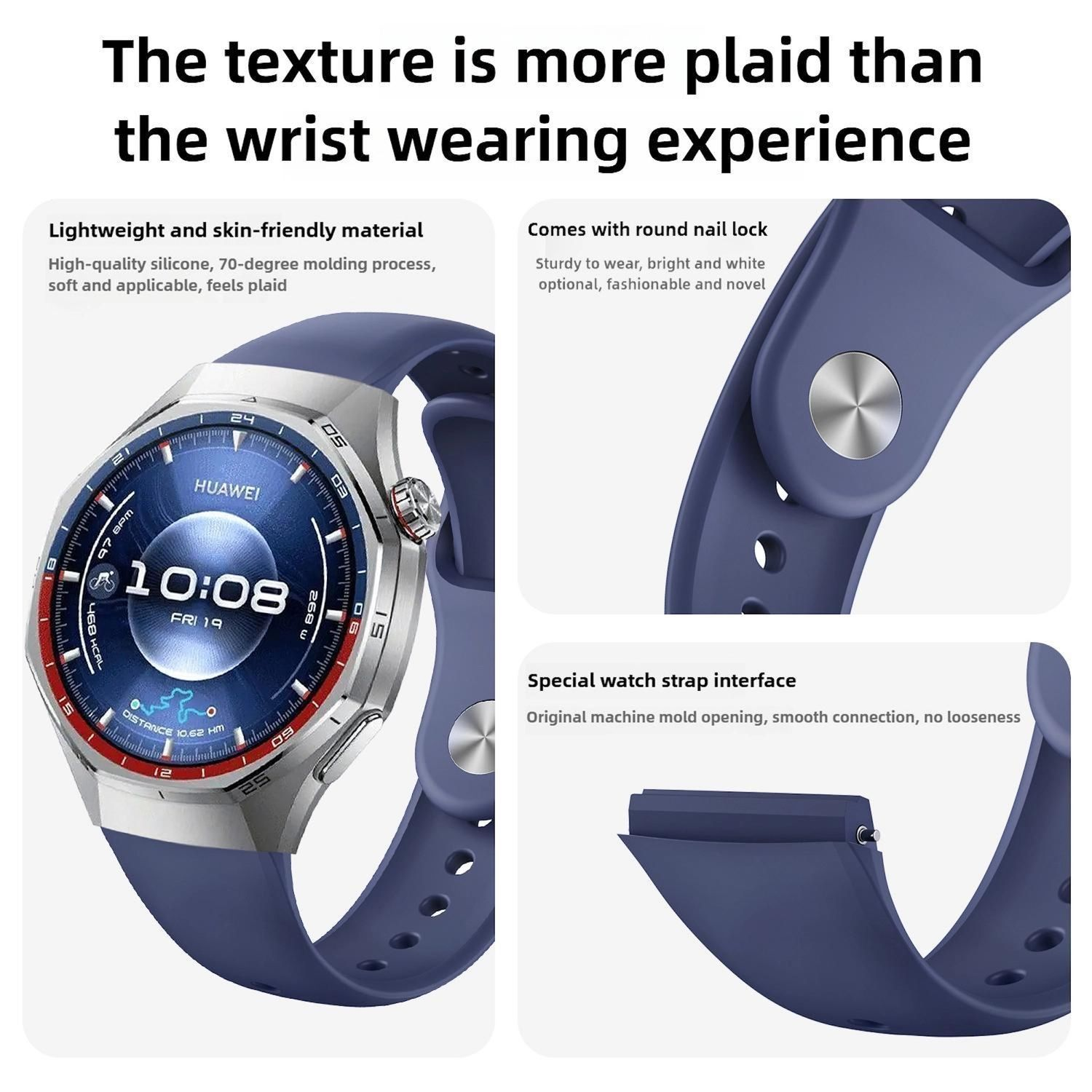 Gezeigt wird eine Smartwatch mit blauem Armband. Details heben das Zifferblatt, die Armbandschnittstelle und einen runden Nagelsicherungs hervor.