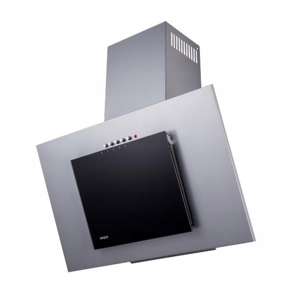 Nowoczesny okap kuchenny z czarnym szklanym panelem i srebrną ramą. Posiada przyciski sterujące i odpowietrznik na białym tle.