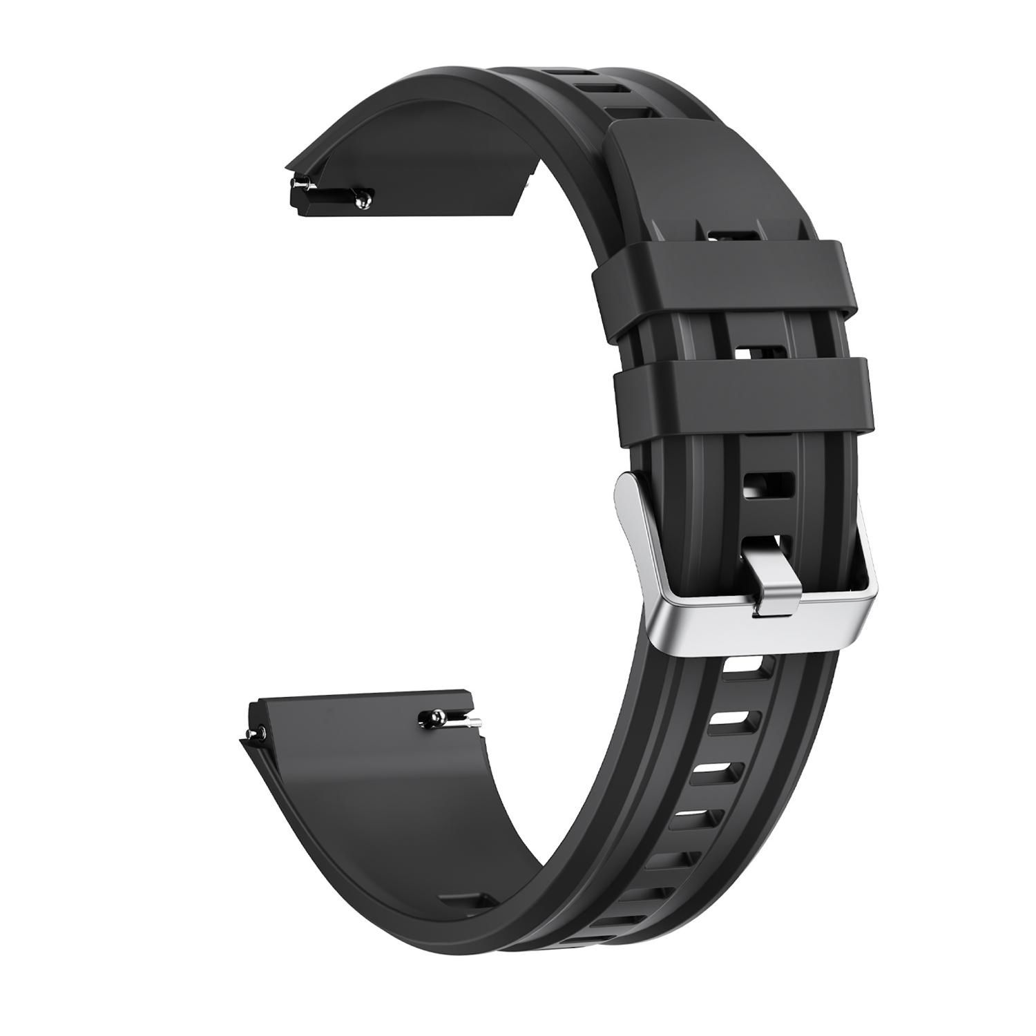 Schwarzes Uhrenarmband mit silberner Schnalle, isoliert vor weißem Hintergrund. Das Armband ist gebogen und hat eine strukturierte Oberfläche.