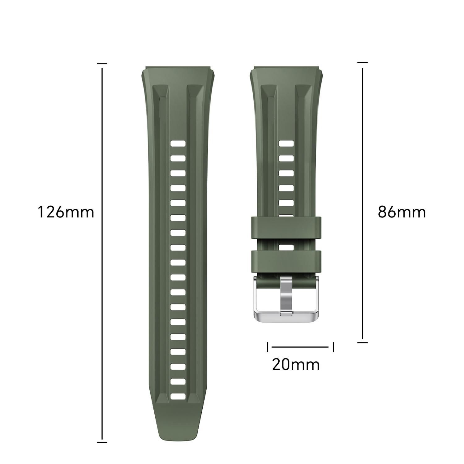 Zwei olivgrüne Uhrenarmbänder mit Maßen: 126 mm und 86 mm lang, 20 mm breit. Silberschnalle an einem Armband.
