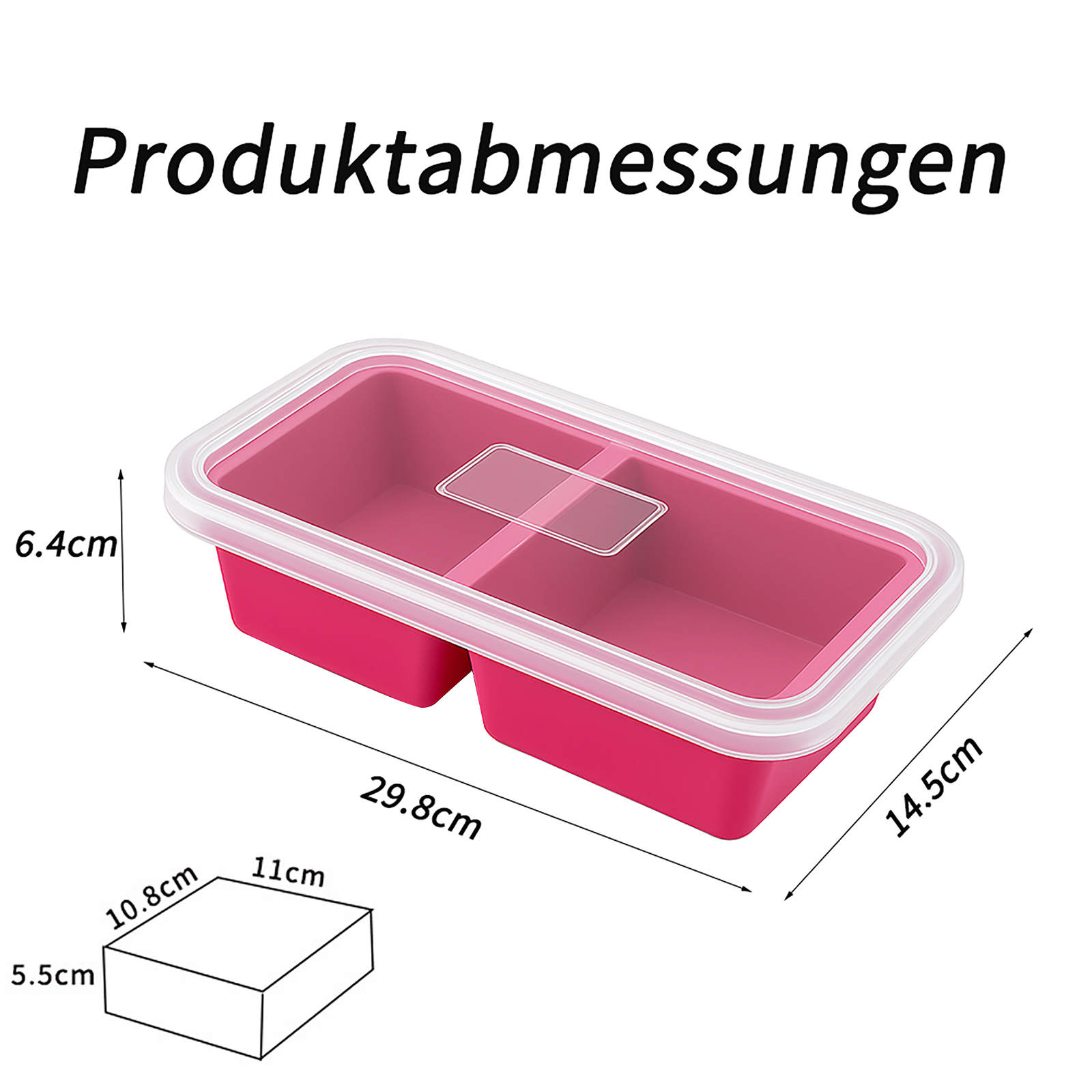 Rosa rechteckiger Lebensmittelbehälter mit weißem Deckel. Abmessungen werden angezeigt. Eine kleine Box wird ebenfalls mit ihren Abmessungen gezeigt.