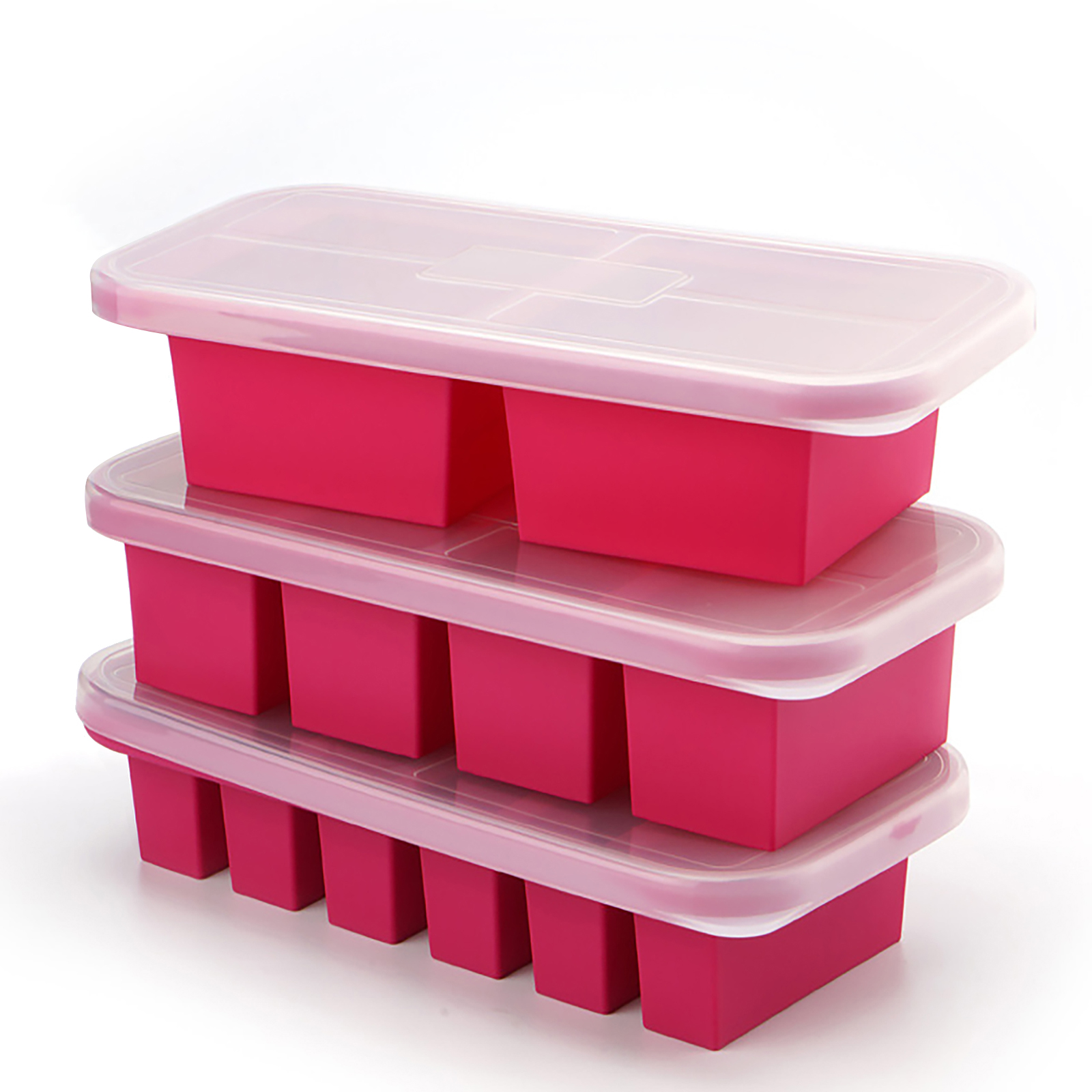 Drei gestapelte rosa Eiswürfelschalen mit transparenten Deckeln, vor weißem Hintergrund. Jede Schale hat mehrere Fächer.