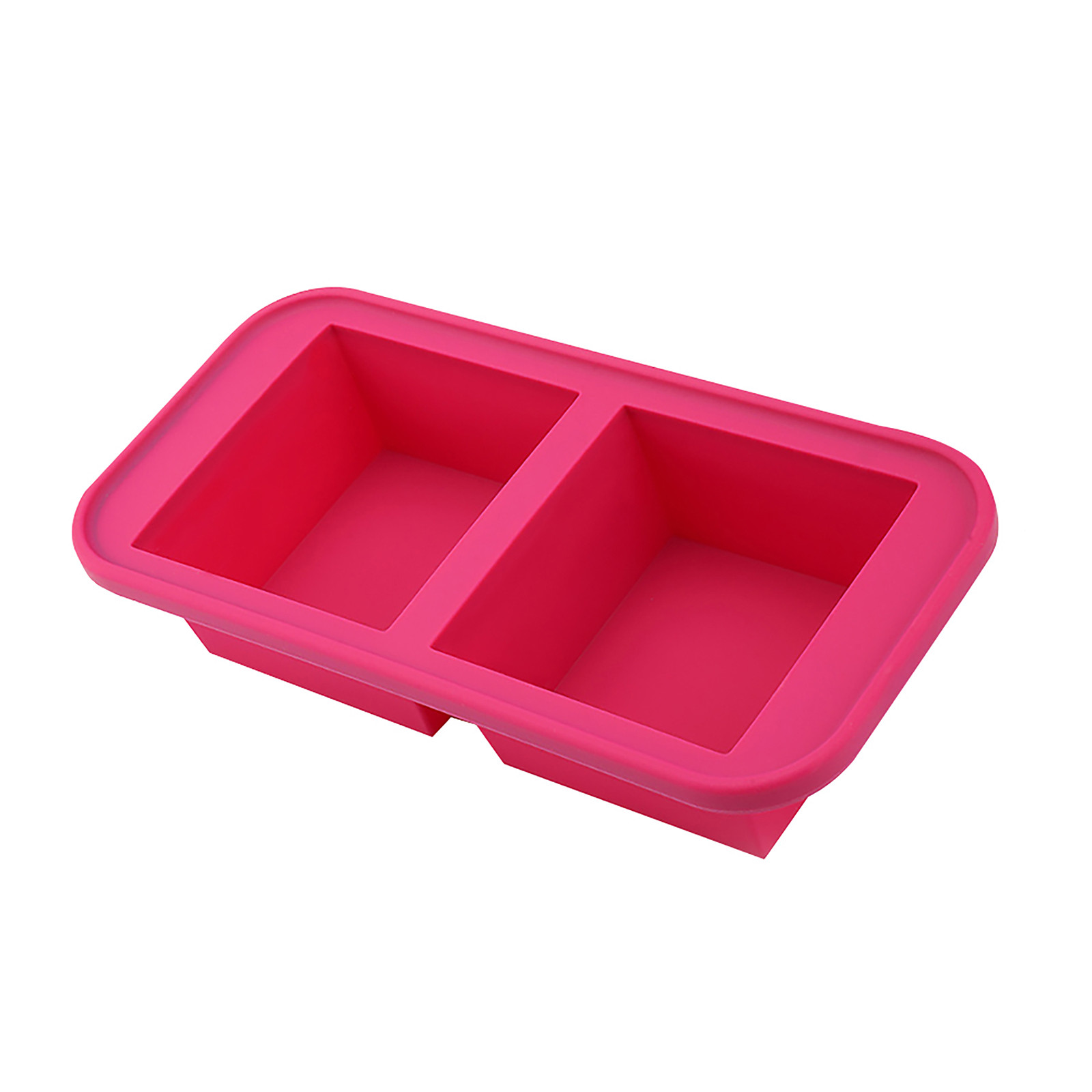 Eine rosa Silikonform mit zwei rechteckigen Hohlräumen, vor weißem Hintergrund.