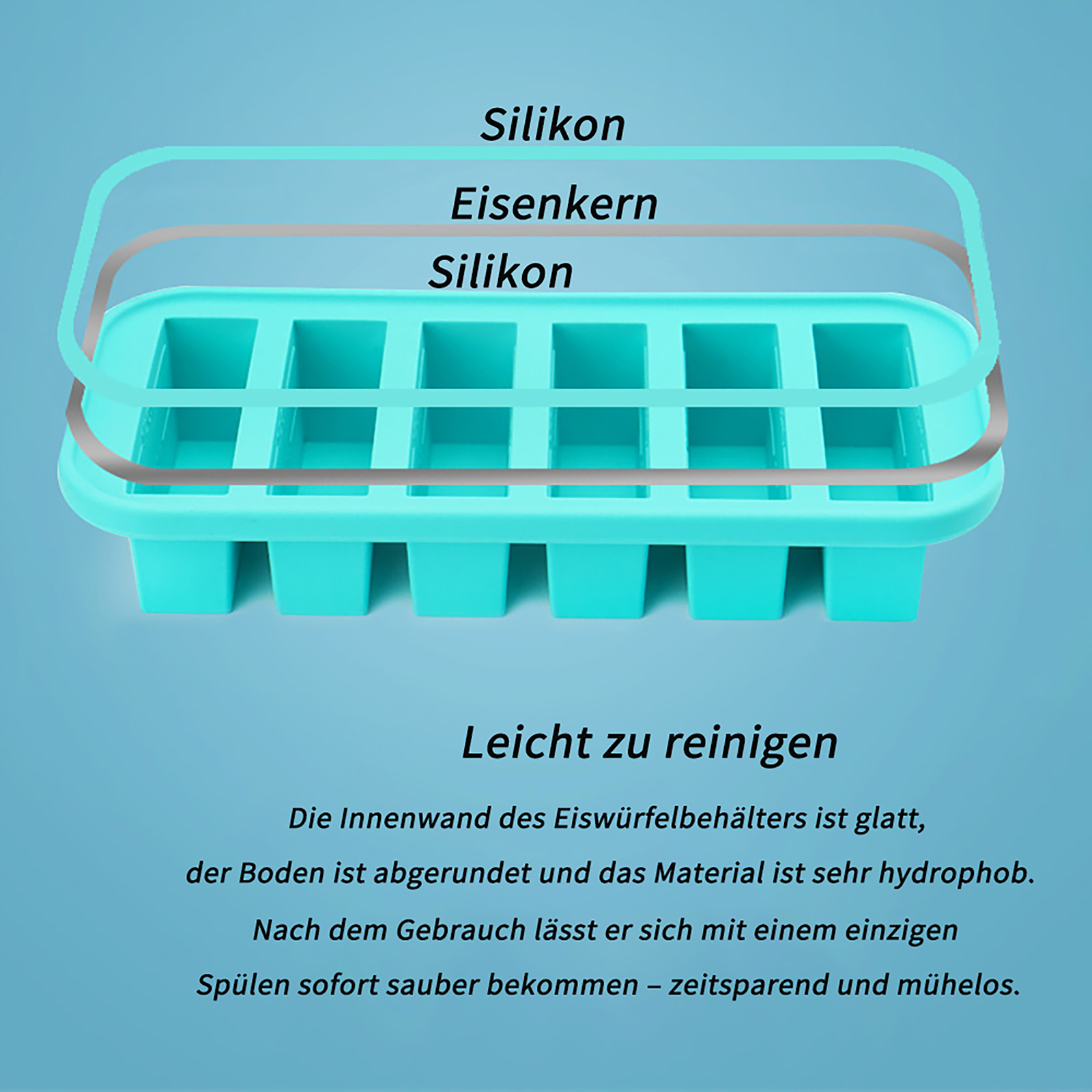 Eine türkisfarbene Eiswürfelschale mit den Worten "Silikon", "Eisenkern" und "Leicht zu reinigen".
