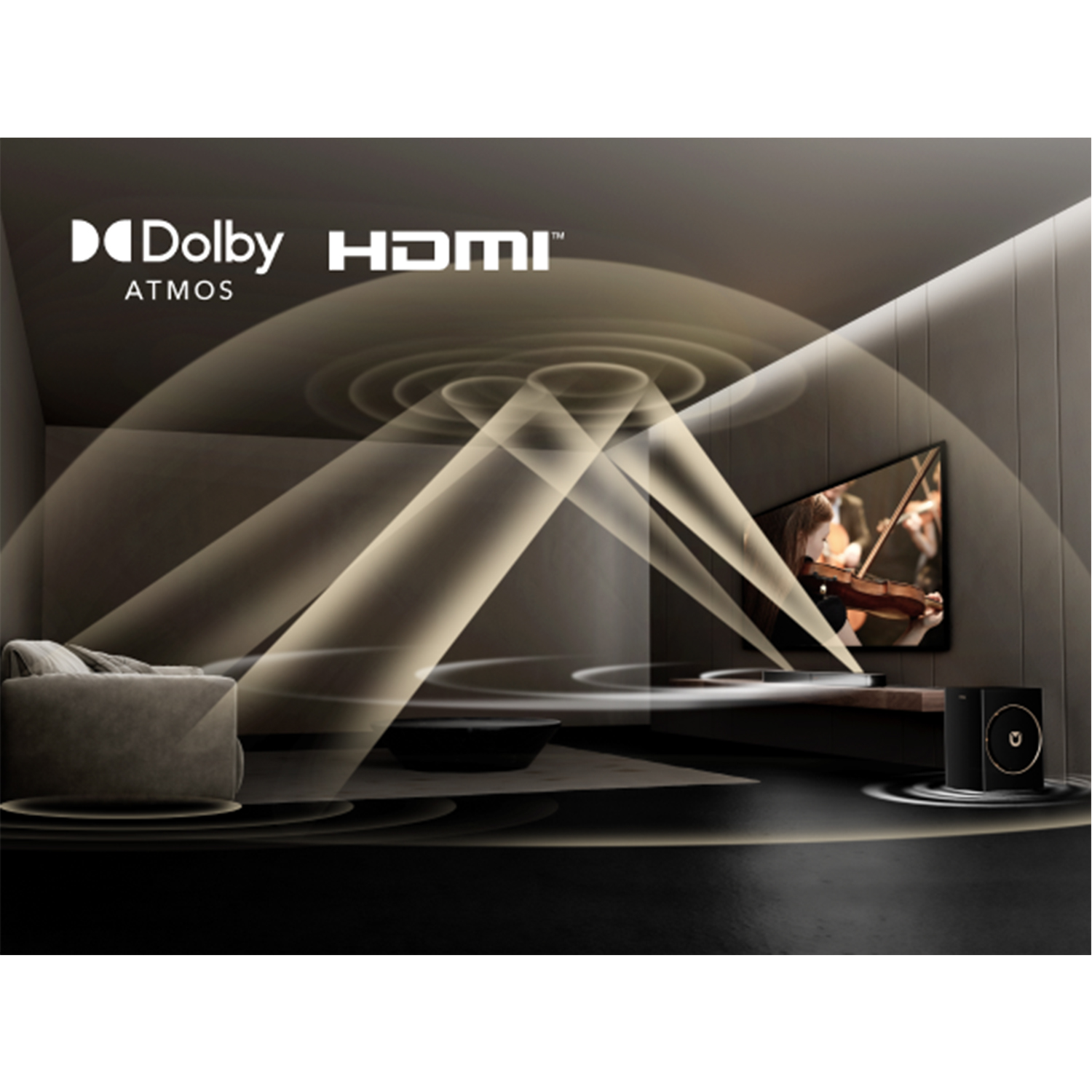 Salon z TV z skrzypkiem, głośnikiem i kanapą. Fale dźwiękowe emanują z TV i głośnika.