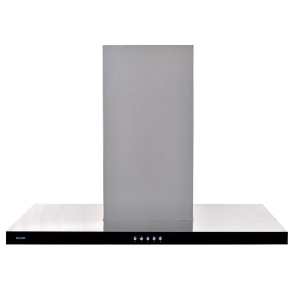 Okap ze stali nierdzewnej o prostokątnym kształcie i czarnym panelu sterowania. Posiada pionowy komin.