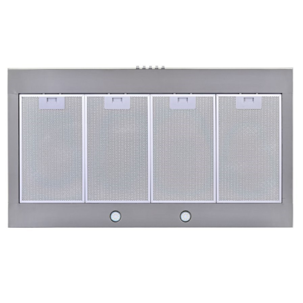 Okap ze stali nierdzewnej z czterema filtrami siatkowymi, dwoma światłami i panelem sterowania u góry.