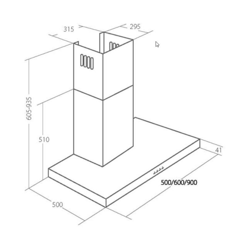 Widok izometryczny okapu z wymiarami. Ma prostokątną podstawę, pionowy korpus i górną sekcję. Wymiary są wskazane.