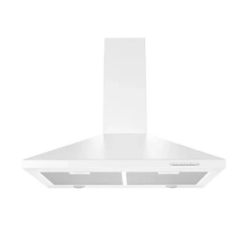 Biały okap kuchenny jest wyśrodkowany na białym tle. Ma komin i skośny przód z dwiema kratkami.