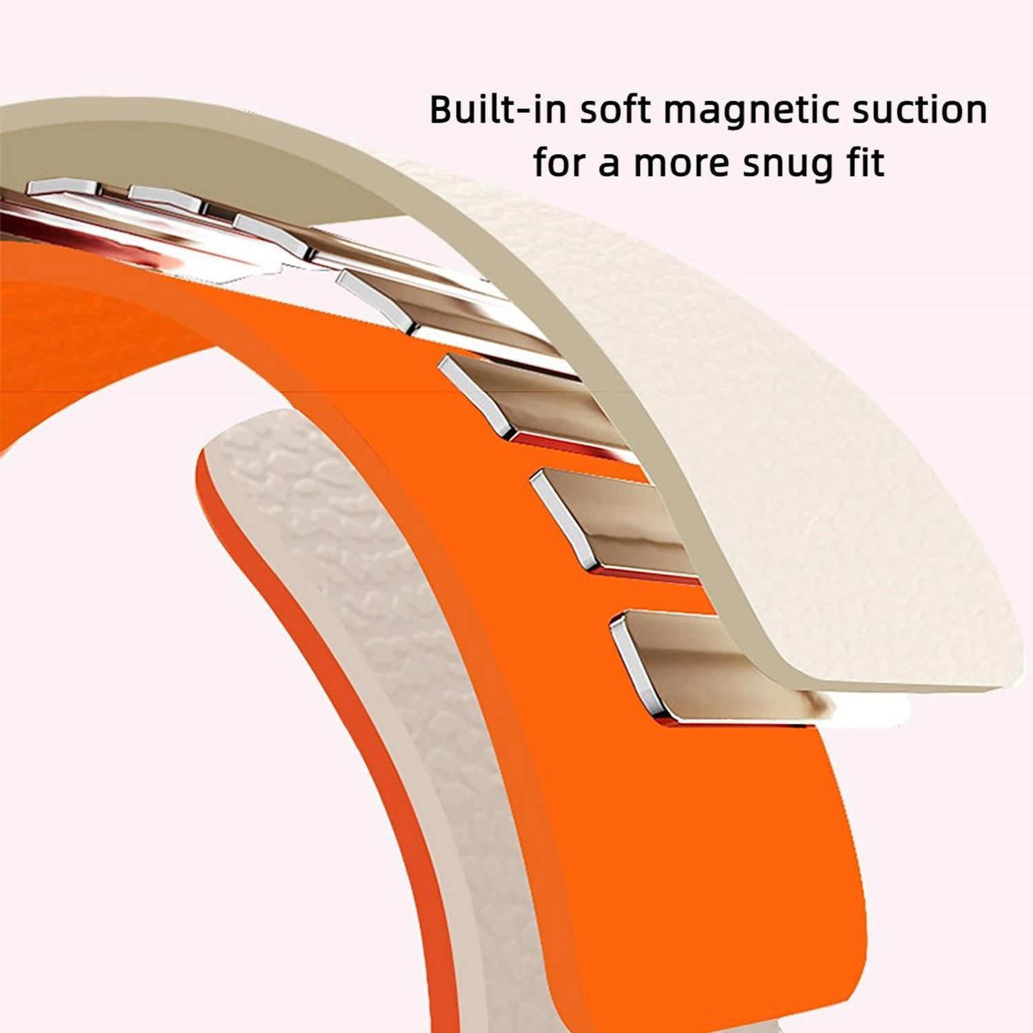 Ein orangefarbenes Uhrenarmband mit magnetischer Saugfunktion. Oben befindet sich eine weiße und beige Schicht mit dem Text 'Eingebauter weicher Magnetsog für einen besseren Sitz'.