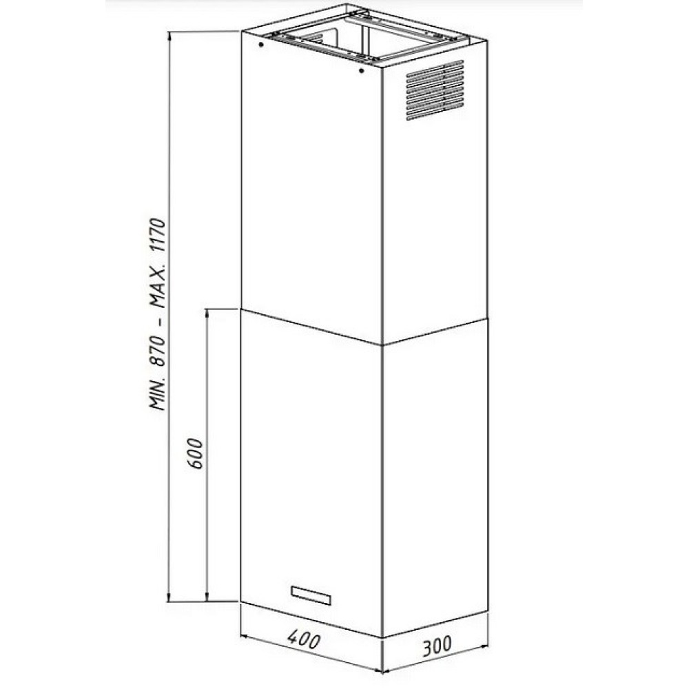 Widok izometryczny białego prostokątnego okapu kuchennego. Wymiary: 400x300mm u podstawy, wysokość 870-1170mm.
