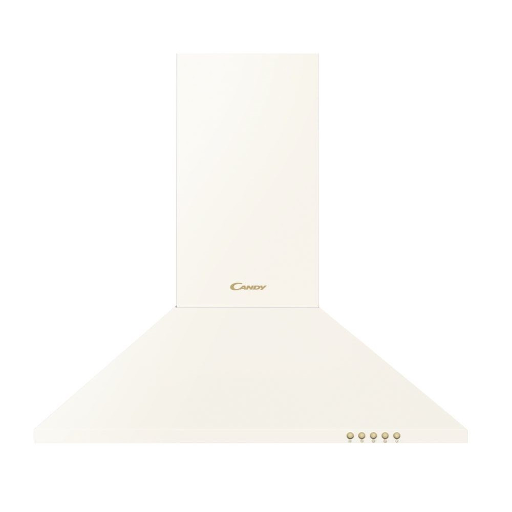 Kremowy okap kuchenny z marką "Candy". Ma 5 złotych przycisków. Tło jest białe.