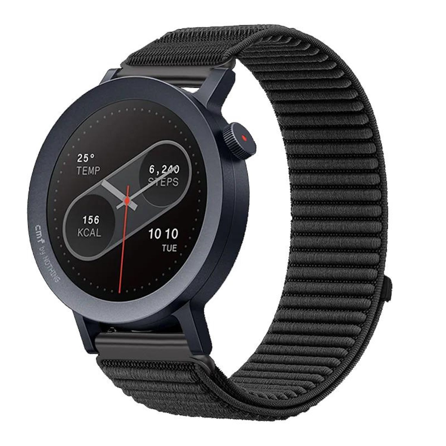 Eine schwarze Smartwatch mit schwarzem Stoffarmband. Das Zifferblatt zeigt Zeit, Temperatur, Schritte und Kalorien. Die Uhr ist abgewinkelt.