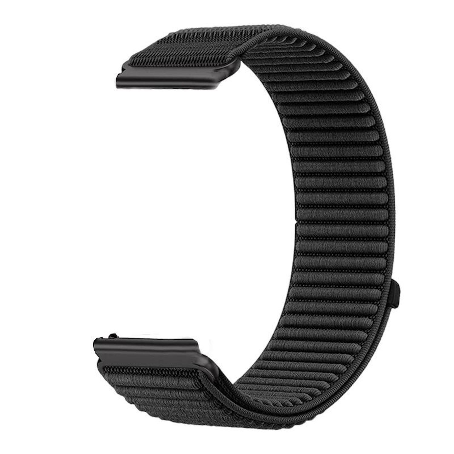 Ein gebogenes schwarzes Uhrenarmband mit strukturierter Oberfläche. Das Band besteht aus gewebtem Material und hat einen Magnetverschluss.