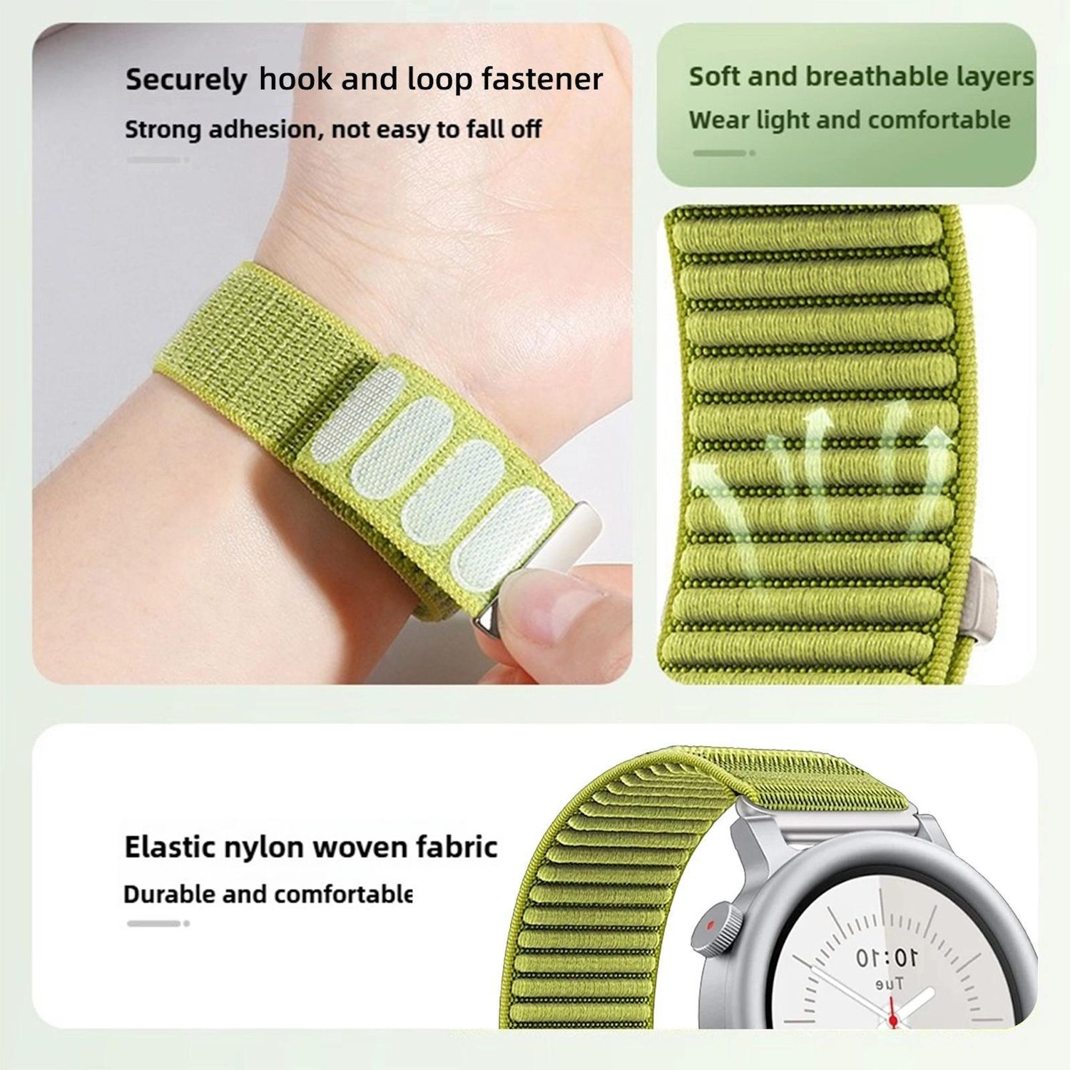 Ein grünes Uhrenarmband mit Klettverschluss wird mit einer Smartwatch gezeigt. Das Band besteht aus Nylongewebe.