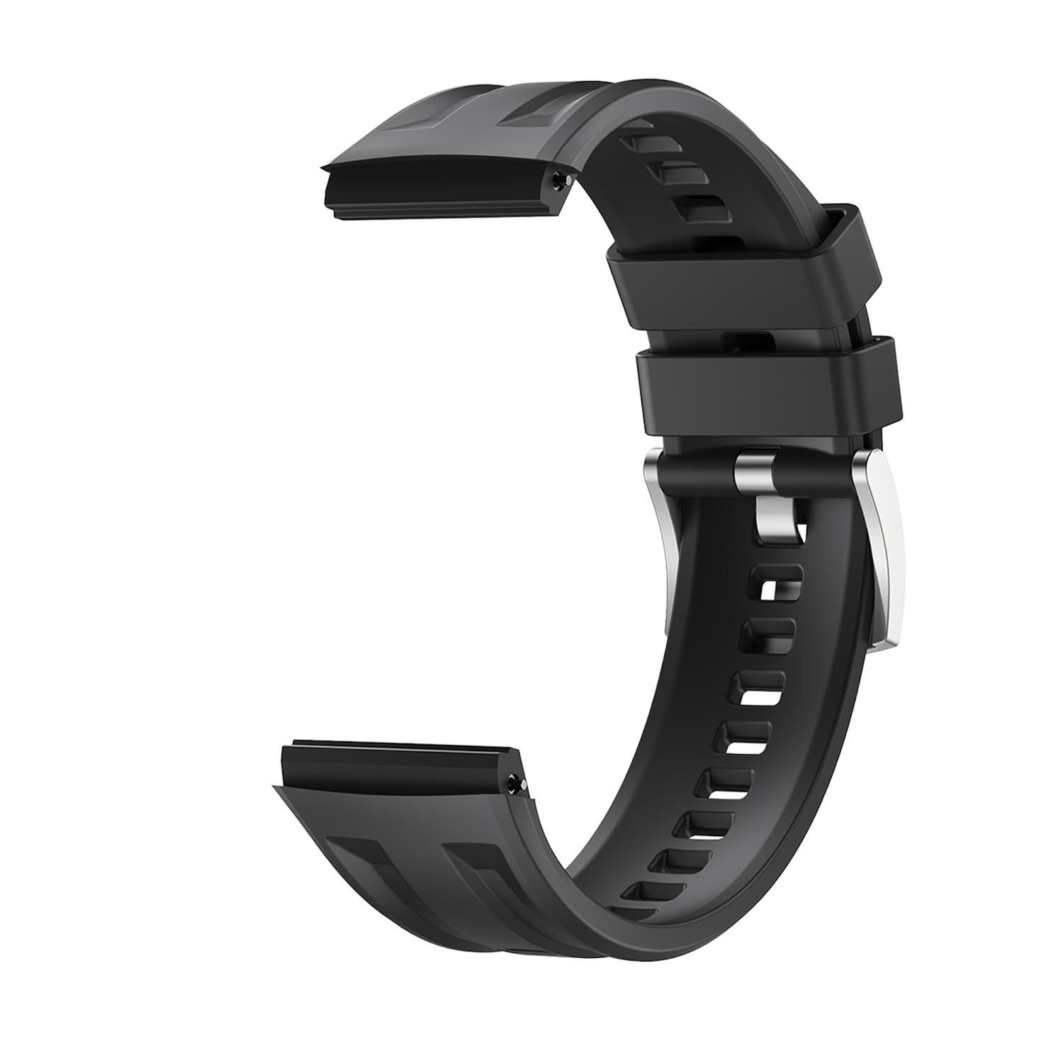 Ein gebogenes schwarzes Uhrenarmband aus Gummi mit Metallverschluss. Der Hintergrund ist weiß.