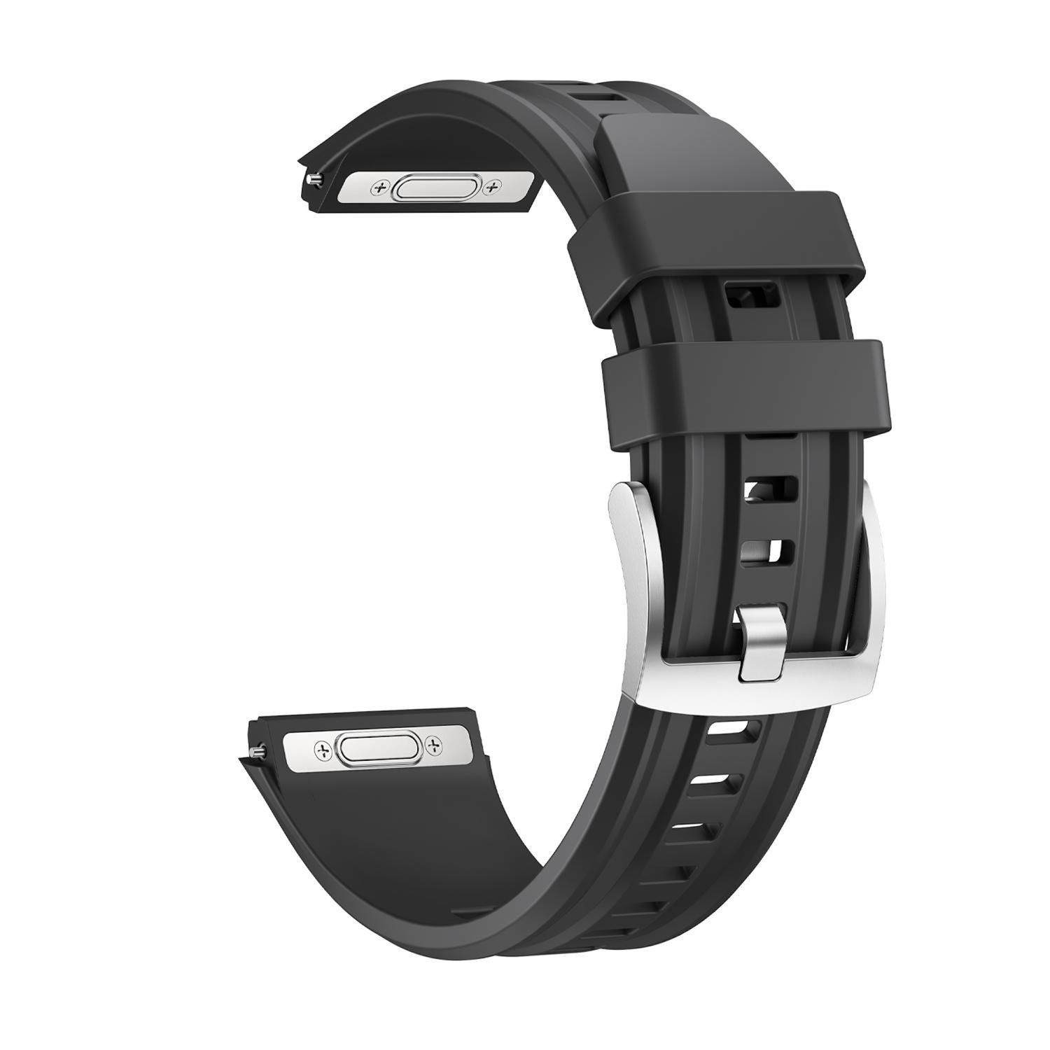 Ein schwarzes Armband mit silberner Schnalle. Das Armband ist gebogen und hat zwei kleine Verbindungspunkte. Der Hintergrund ist weiß.