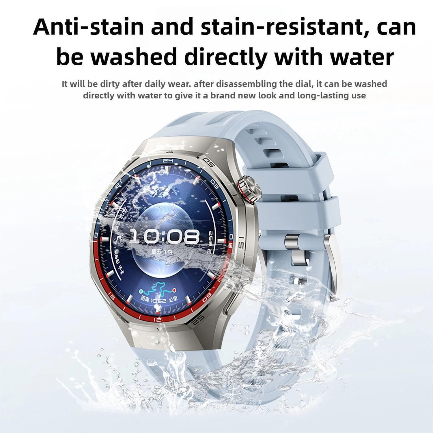 Eine Smartwatch mit blauem Armband wird gezeigt. Wasser spritzt darum herum und hebt die wasserdichte Funktion hervor. Das Zifferblatt zeigt die Uhrzeit an.