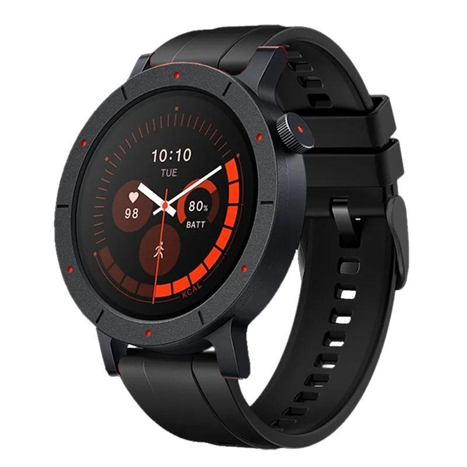 Eine schwarze Smartwatch. Der Bildschirm zeigt Zeit, Akku und Gesundheitsmetriken an. Schwarzes Armband und rote Akzente. Die Uhr ist auf weißem Grund.