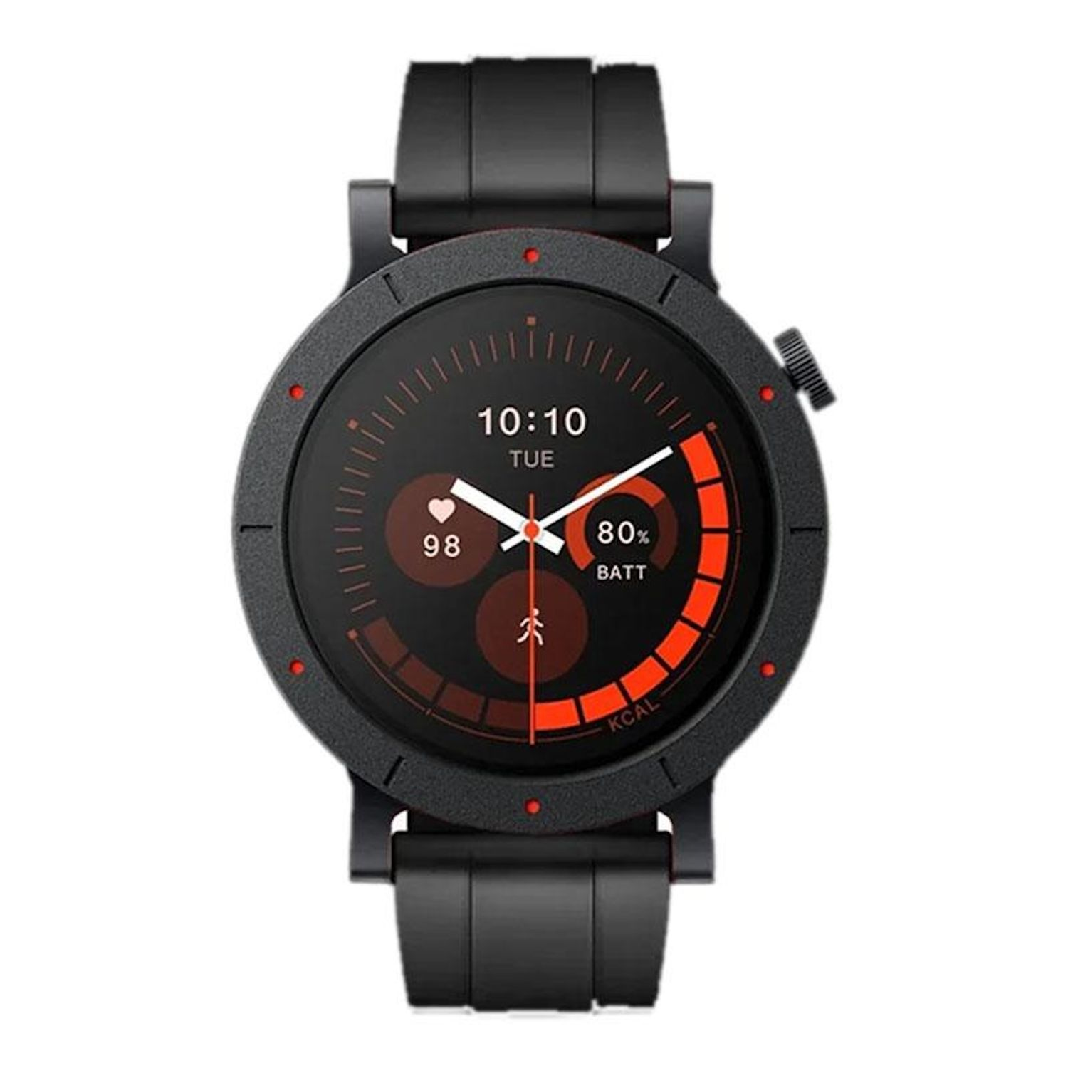 Schwarze Smartwatch mit Anzeige von Zeit, Akku und Aktivitätsdaten. Rote Akzente auf dem Zifferblatt und der Lünette.