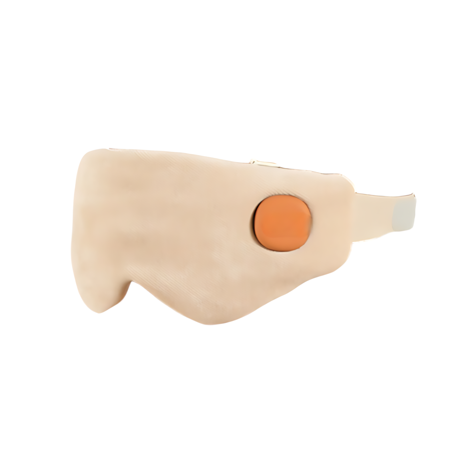 Ein beigefarbenes, gebogenes Objekt mit einer orangefarbenen Kugel und einem weißen Riemen. Der Hintergrund ist weiß.