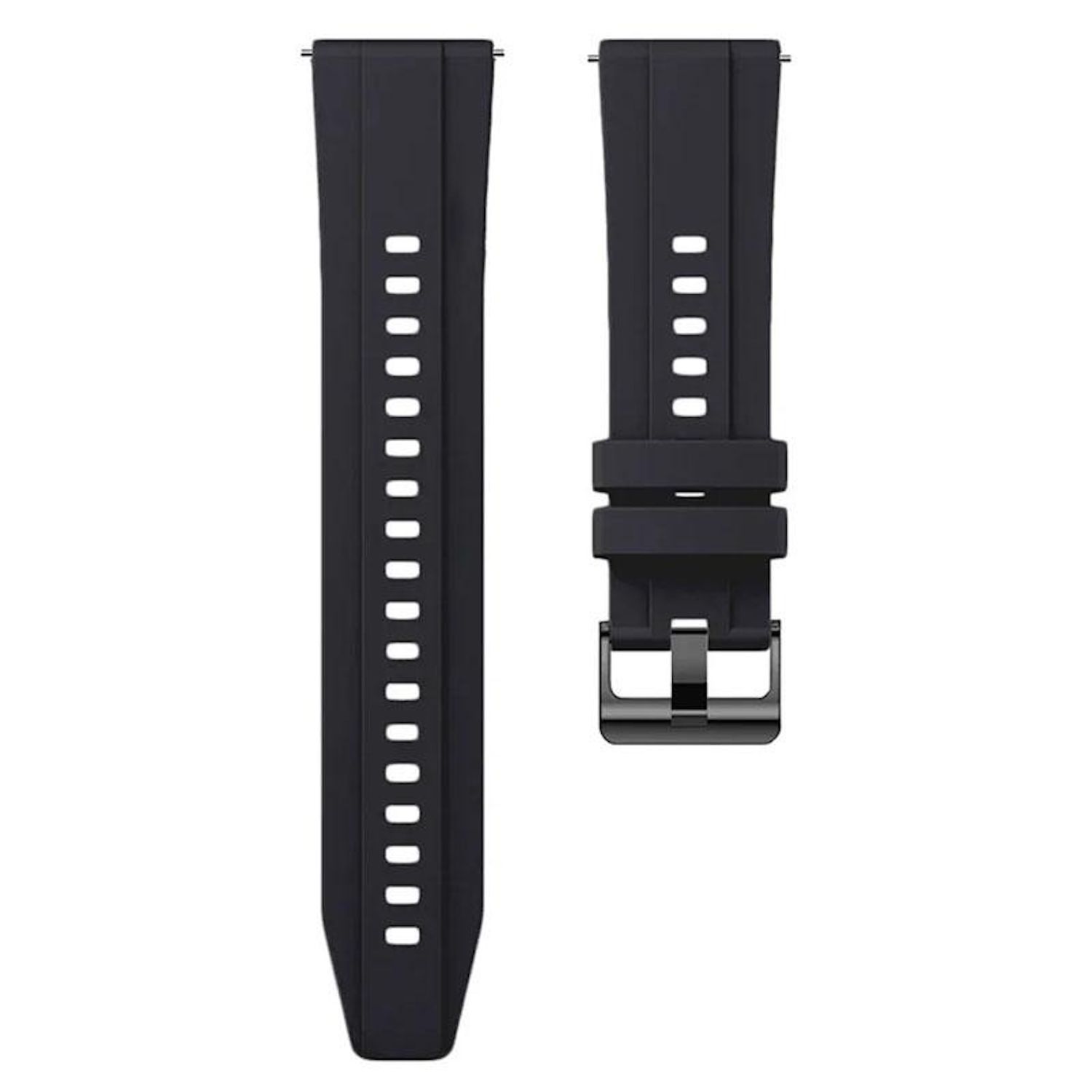 Zwei schwarze Uhrenarmbänder. Eines hat Löcher, das andere eine Schnalle. Beide sind auf weißem Hintergrund und scheinen neu zu sein.
