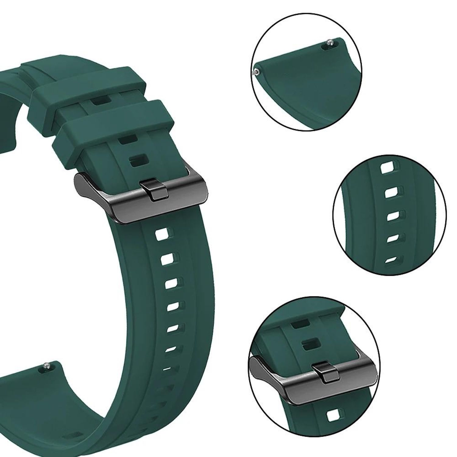 Ein grünes Uhrenarmband mit silberner Schnalle wird gezeigt. Details des Armbands und der Schnalle sind in kreisförmigen Einsätzen hervorgehoben.