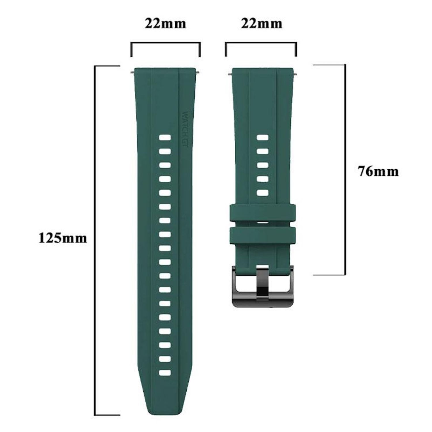 Grüne Uhrenarmbandkomponenten: langer Riemen, kurzer Riemen mit Schnalle. Maße: 125 mm, 76 mm und 22 mm Breite.