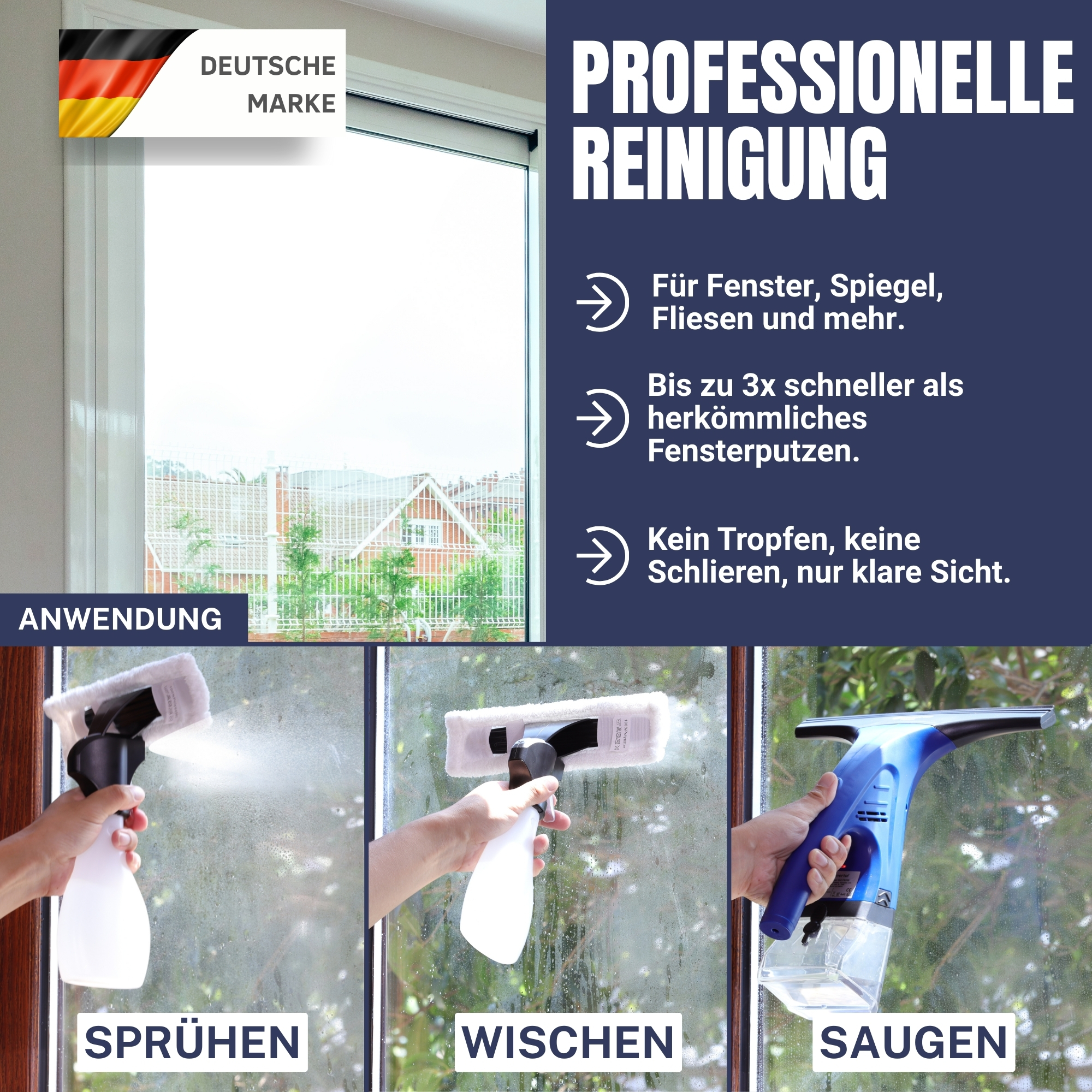 Das Bild zeigt Fensterputzschritte: Sprühen, Wischen und Absaugen. Oben links ist ein deutsches Flaggenlogo.