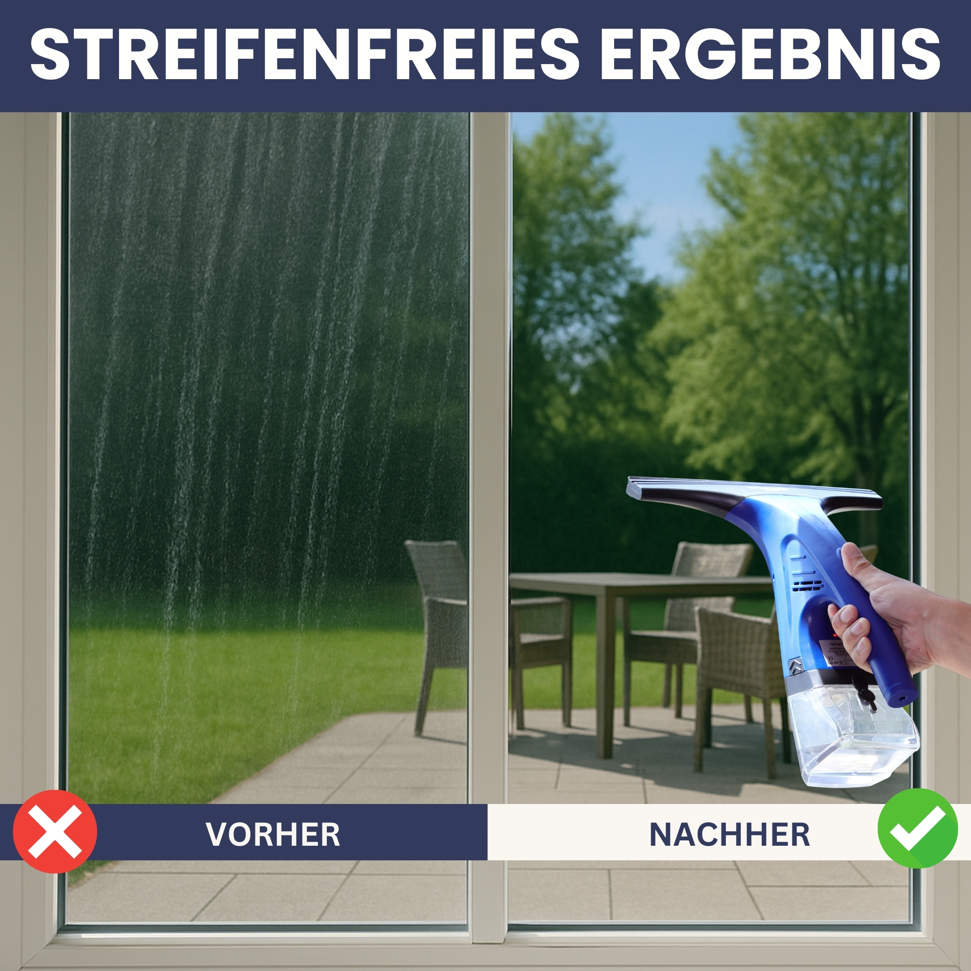 Ein Fenster wird mit einem blauen Gerät gereinigt. Vor der Reinigung sind Streifen sichtbar. Danach ist das Glas klar.
