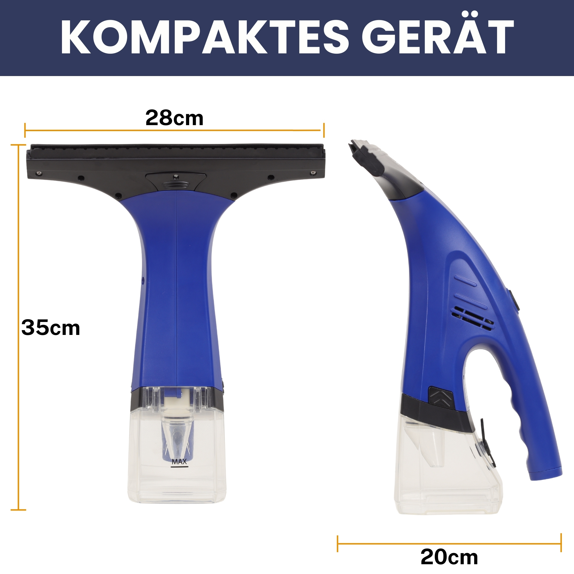 Blauer und schwarzer Fensterreiniger mit Abmessungen, zeigt Vorder- und Seitenansicht des Geräts.